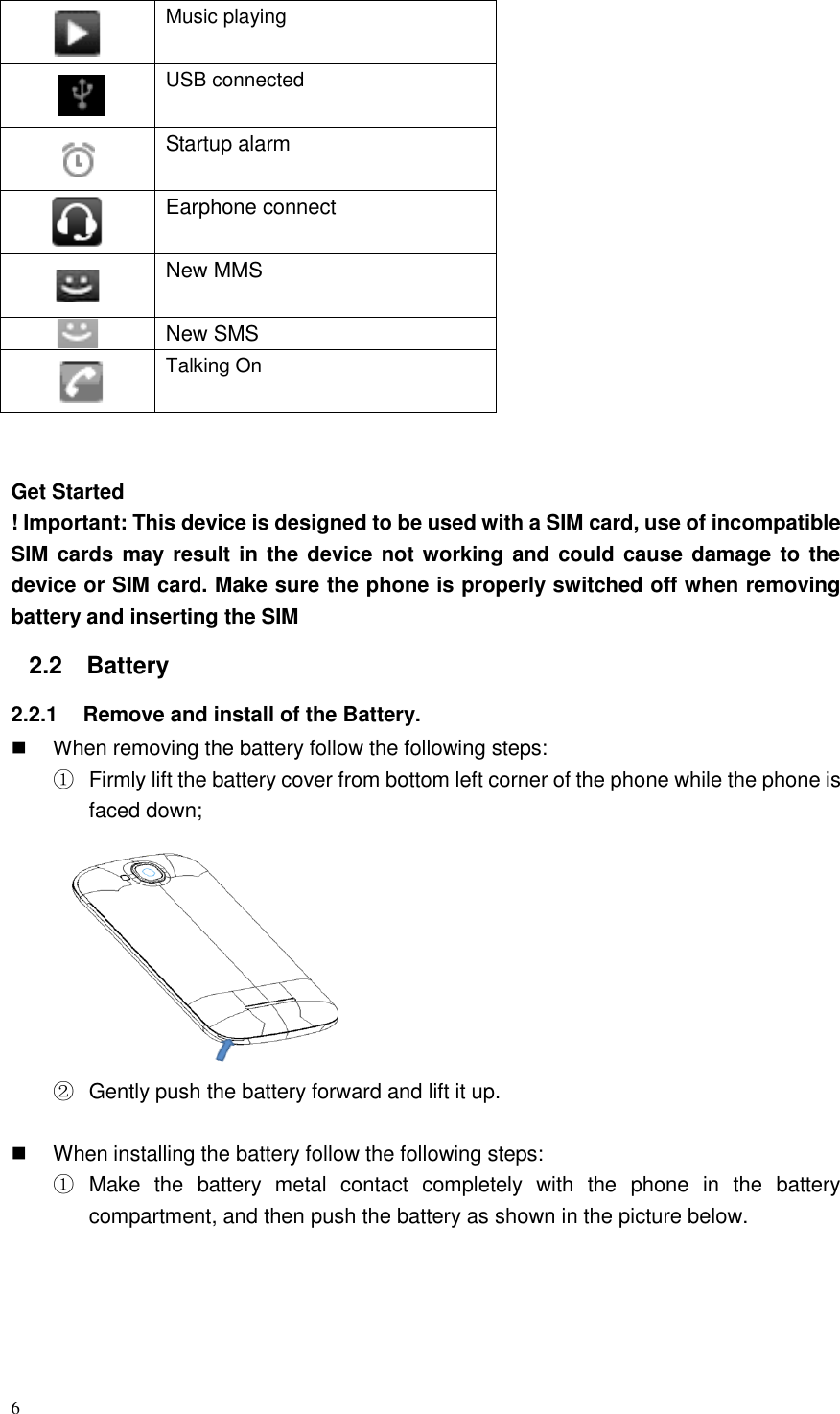 6   Music playing  USB connected   Startup alarm  Earphone connect  New MMS  New SMS  Talking On   Get Started ! Important: This device is designed to be used with a SIM card, use of incompatible SIM cards may result in the device not working and could cause damage to the device or SIM card. Make sure the phone is properly switched off when removing battery and inserting the SIM   2.2  Battery   2.2.1  Remove and install of the Battery.  When removing the battery follow the following steps: ①  Firmly lift the battery cover from bottom left corner of the phone while the phone is faced down;  ②  Gently push the battery forward and lift it up.    When installing the battery follow the following steps: ①  Make  the  battery  metal  contact  completely  with  the  phone  in  the  battery compartment, and then push the battery as shown in the picture below. 