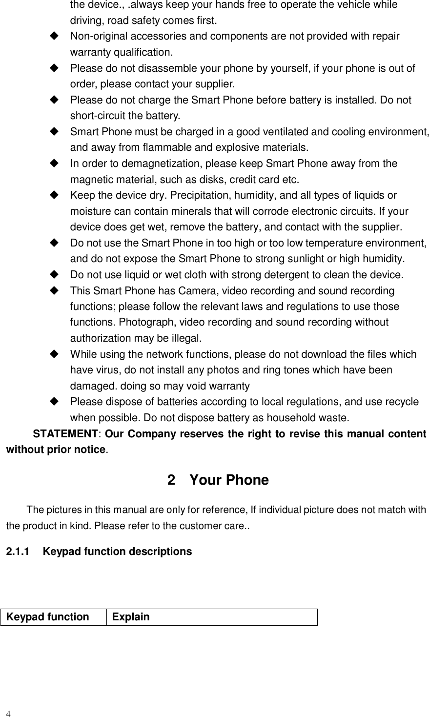 4  the device., .always keep your hands free to operate the vehicle while driving, road safety comes first.  Non-original accessories and components are not provided with repair warranty qualification.  Please do not disassemble your phone by yourself, if your phone is out of order, please contact your supplier.  Please do not charge the Smart Phone before battery is installed. Do not short-circuit the battery.  Smart Phone must be charged in a good ventilated and cooling environment, and away from flammable and explosive materials.  In order to demagnetization, please keep Smart Phone away from the magnetic material, such as disks, credit card etc.  Keep the device dry. Precipitation, humidity, and all types of liquids or moisture can contain minerals that will corrode electronic circuits. If your device does get wet, remove the battery, and contact with the supplier.  Do not use the Smart Phone in too high or too low temperature environment, and do not expose the Smart Phone to strong sunlight or high humidity.  Do not use liquid or wet cloth with strong detergent to clean the device.  This Smart Phone has Camera, video recording and sound recording functions; please follow the relevant laws and regulations to use those functions. Photograph, video recording and sound recording without authorization may be illegal.  While using the network functions, please do not download the files which have virus, do not install any photos and ring tones which have been damaged. doing so may void warranty  Please dispose of batteries according to local regulations, and use recycle when possible. Do not dispose battery as household waste. STATEMENT: Our Company reserves the right to revise this manual content without prior notice.  2  Your Phone   The pictures in this manual are only for reference, If individual picture does not match with the product in kind. Please refer to the customer care..  2.1.1  Keypad function descriptions      Keypad function  Explain 