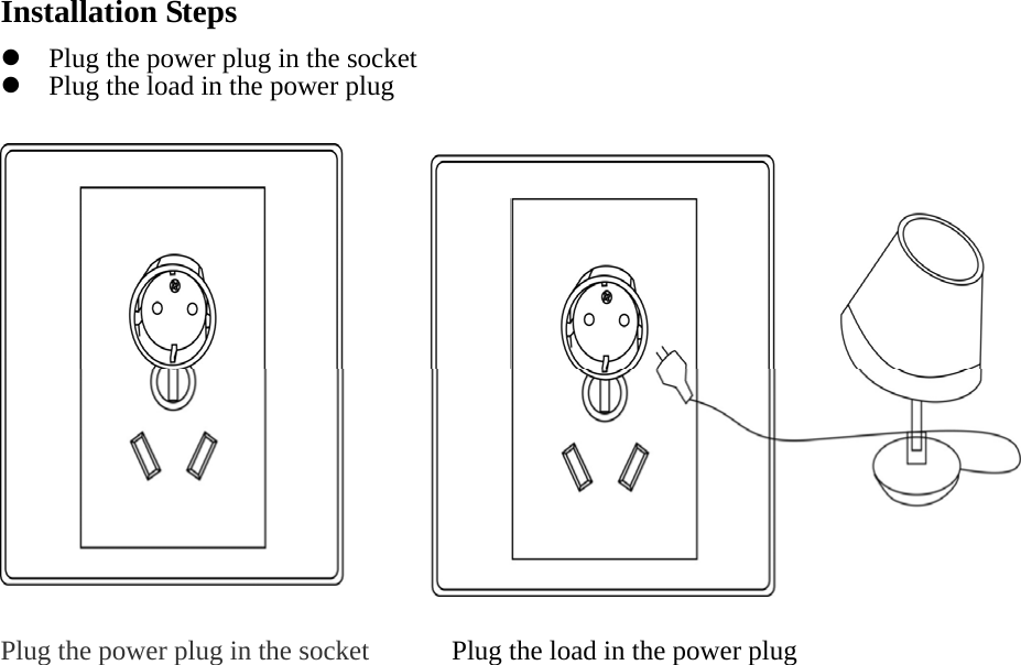    Installation Steps  Plug the power plug in the socket  Plug the load in the power plug    Plug the power plug in the socket            Plug the load in the power plug    