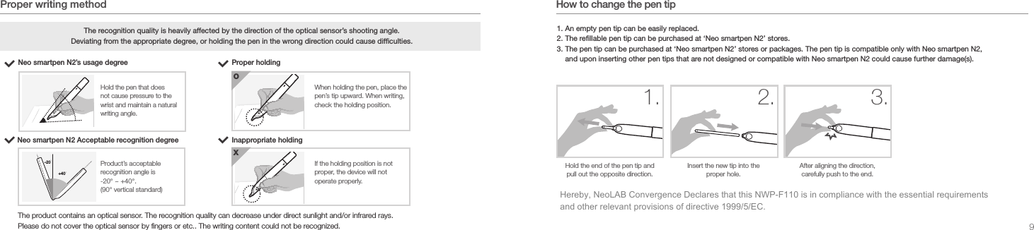 9.Proper writing methodNeo smartpen N2&rsquo;s usage degree The recognition quality is heavily affected by the direction of the optical sensor&rsquo;s shooting angle. Deviating from the appropriate degree, or holding the pen in the wrong direction could cause difculties.Proper holdingWhen holding the pen, place the pen&rsquo;s tip upward. When writing, check the holding position.+40&deg;-20&deg;O+40&deg;-20&deg;Hold the pen that does not cause pressure to the wrist and maintain a natural writing angle.Neo smartpen N2 Acceptable recognition degree+40&deg;-20&deg;Inappropriate holdingIf the holding position is not proper, the device will not operate properly.+40&deg;-20&deg;XProduct&rsquo;s acceptable recognition angle is -20&deg; ~ +40&deg;. (90&deg; vertical standard)The product contains an optical sensor. The recognition quality can decrease under direct sunlight and/or infrared rays.Please do not cover the optical sensor by fingers or etc.. The writing content could not be recognized. How to change the pen tip1. An empty pen tip can be easily replaced.2. The refillable pen tip can be purchased at &lsquo;Neo smartpen N2&rsquo; stores.3. The pen tip can be purchased at &lsquo;Neo smartpen N2&rsquo; stores or packages. The pen tip is compatible only with Neo smartpen N2, and upon inserting other pen tips that are not designed or compatible with Neo smartpen N2 could cause further damage(s). Hold the end of the pen tip and pull out the opposite direction.+40&deg;-20&deg;1.Insert the new tip into the proper hole.+40&deg;-20&deg;2.After aligning the direction, carefully push to the end.+40&deg;-20&deg;3.Hereby, NeoLAB Convergence Declares that this NWP-F110 is in compliance with the essential requirements and other relevant provisions of directive 1999/5/EC.