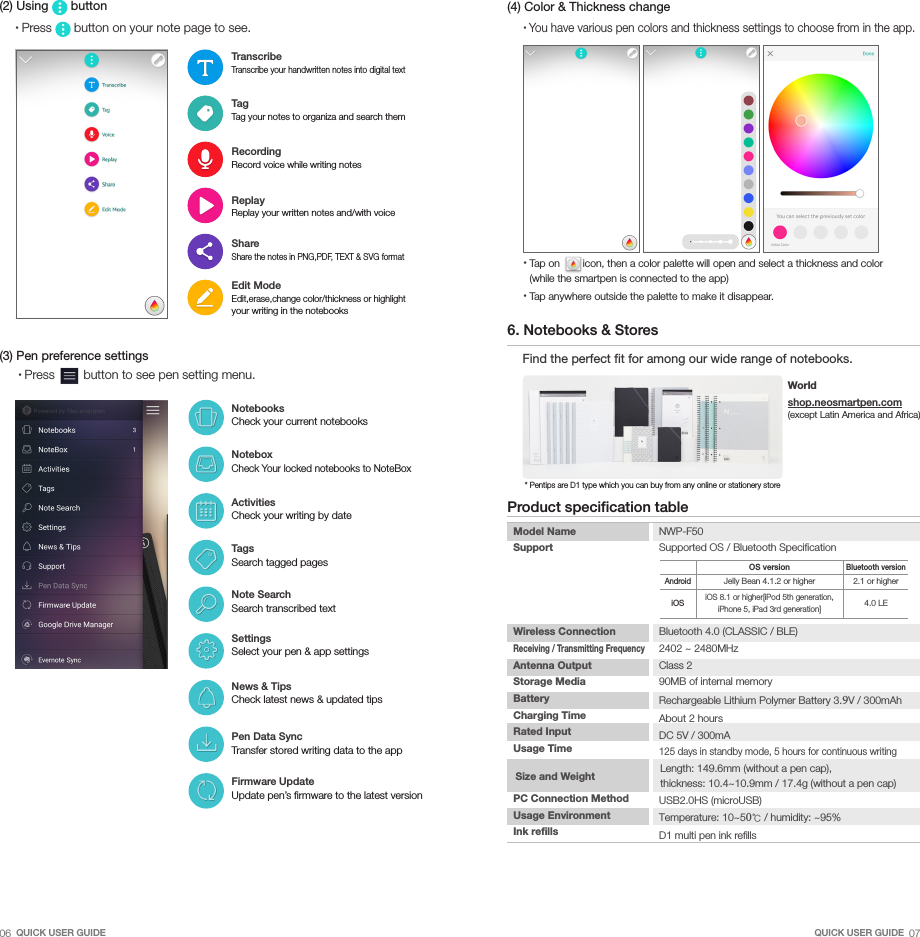 NotebooksCheck your current notebooksNoteboxCheck Your locked notebooks to NoteBoxActivitiesCheck your writing by date TagsSearch tagged pagesNote SearchSearch transcribed textSettingsSelect your pen &amp; app settingsNews &amp; TipsCheck latest news &amp; updated tipsPen Data SyncTransfer stored writing data to the appFirmware UpdateUpdate pen&rsquo;s firmware to the latest version(3) Pen preference settings&bull; Press   button to see pen setting menu.&bull;Press   button on your note page to see.   (2) Using   buttonEdit ModeEdit,erase,change color/thickness or highlight your writing in the notebooksTranscribeTranscribe your handwritten notes into digital textTagTag your notes to organiza and search themRecordingRecord voice while writing notesReplayReplay your written notes and/with voice ShareShare the notes in PNG,PDF, TEXT &amp; SVG format&bull;Tap on  icon, then a color palette will open and select a thickness and color(while the smartpen is connected to the app) &bull;Tap anywhere outside the palette to make it disappear. (4) Color &amp; Thickness change&bull; You have various pen colors and thickness settings to choose from in the app.6. Notebooks &amp; StoresFind the perfect fit for among our wide range of notebooks.Worldshop.neosmartpen.com (except Latin America and Africa)* Pentips are D1 type which you can buy from any online or stationery store Product specification tableModel Name NWP-F50Support  Supported OS / Bluetooth Specification  OS versionBluetooth versionAndroidJelly Bean 4.1.2 or higher 2.1 or higheriOSiOS 8.1 or higher[iPod 5th generation, iPhone 5, iPad 3rd generation] 4.0 LEWireless Connection   Bluetooth 4.0 (CLASSIC / BLE)Receiving / Transmitting Frequency 2402 ~ 2480MHzAntenna Output Class 2Storage Media Battery Charging Time Rated Input Usage Time 90MB of internal memoryRechargeable Lithium Polymer Battery 3.9V / 300mAh About 2 hoursDC 5V / 300mA125 days in standby mode, 5 hours for continuous writingPC Connection Method Usage Environment Ink refills Length: 149.6mm (without a pen cap), thickness: 10.4~10.9mm / 17.4g (without a pen cap) USB2.0HS (microUSB) Temperature: 10~50℃ / humidity: ~95%D1 multi pen ink refillsSize and Weight06_QUICK USER GUIDE QUICK USER GUIDE_07