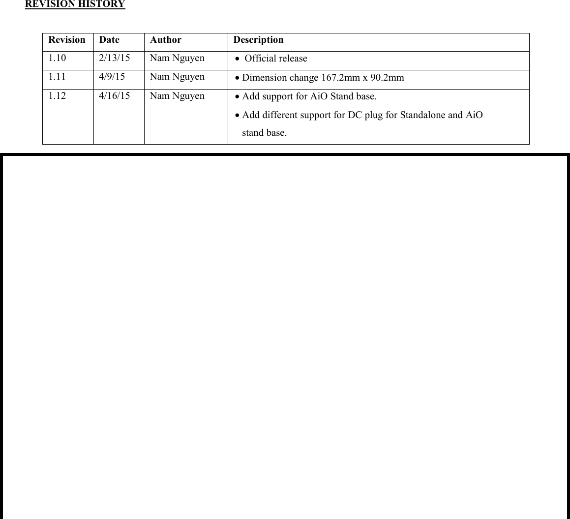 REVISION HISTORYRevisionDateAuthorDescription1.102/13/15Nam NguyenOfficial release1.114/9/15Nam NguyenDimension change 167.2mm x 90.2mm1.124/16/15Nam NguyenAdd support for AiO Stand base.Add different support for DC plug for Standalone and AiOstand base.