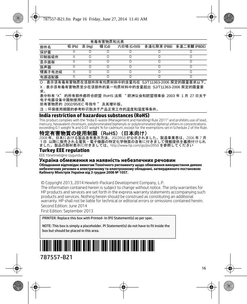 16 India restriction of hazardous substances (RoHS)This product complies with the “India E-waste (Management and Handling) Rule 2011” and prohibits use of lead, mercury, hexavalent chromium, polybrominated biphenyls or polybrominated diphenyl ethers in concentrations exceeding 0.1 weight % and 0.01 weight % for cadmium, except for the exemptions set in Schedule 2 of the Rule.特定有害物質の使用制限 （RoHS） （日本向け）2008 年、日本における製品含有表示方法、JISC0950 が公示されました。製造事業者は、2006 年7 月１日 以降に販売される電気・電子機器の特定化学物質の含有に付きまして情報提供を義務付けられ ました。製品の部材表示に付きましては、http://www.hp.com/go/jisc0950 を参照してくださいTurkey EEE regulationEEE Yönetmeliğine UygundurУкраїна обмеження на наявність небезпечних речовинОбладнання відповідає вимогам Технічного регламенту щодо обмеження використання деяких небезпечних речовин в електричному та електронному обладнані, затвердженого постановою Кабінету Міністрів України від 3 грудня 2008 № 1057.有毒有害物质和元素部件名 铅 (Pb) 汞 (Hg) 镉 (Cd) 六价铬 (Cr(VI)) 多溴化联苯 (PBB) 多溴二苯醚 (PBDE)保护套XO O O O 0印制板组件XO O O O 0显示面板 XO O O O 0扬声器 XO O O O 0锂离子电池组XO O O O 0电源适配器 XO O O O 0O：表示该有毒有害物质在该部件所有均质材料中的含量均在 SJ/T11363-2006 规定的限量要求以下。X：表示该有毒有害物质至少在该部件的某一均质材料中的含量超出 SJ/T11363-2006 规定的限量要求。表中标有“X” 的所有部件都符合欧盟 RoHS 法规“欧洲议会和欧盟理事会 2003 年 1 月 27 日关于电子电器设备中限制使用某些有害物质的 2002/95/EC 号指令 ” 及其增补版。注 : 环保使用期限的参考标识取决于产品正常工作的温度和湿度等条件。© Copyright 2013, 2014 Hewlett-Packard Development Company, L.P.The information contained herein is subject to change without notice. The only warranties for HP products and services are set forth in the express warranty statements accompanying such products and services. Nothing herein should be construed as constituting an additional warranty. HP shall not be liable for technical or editorial errors or omissions contained herein.Second Edition: June 2014First Edition: September 2013PRINTER: Replace this box with Printed- In (PI) Statement(s) as per spec. NOTE: This box is simply a placeholder. PI Statement(s) do not have to fit inside the box but should be placed in this area.787557-B21*787557-B21*787557-B21.fm  Page 16  Friday, June 27, 2014  11:41 AM