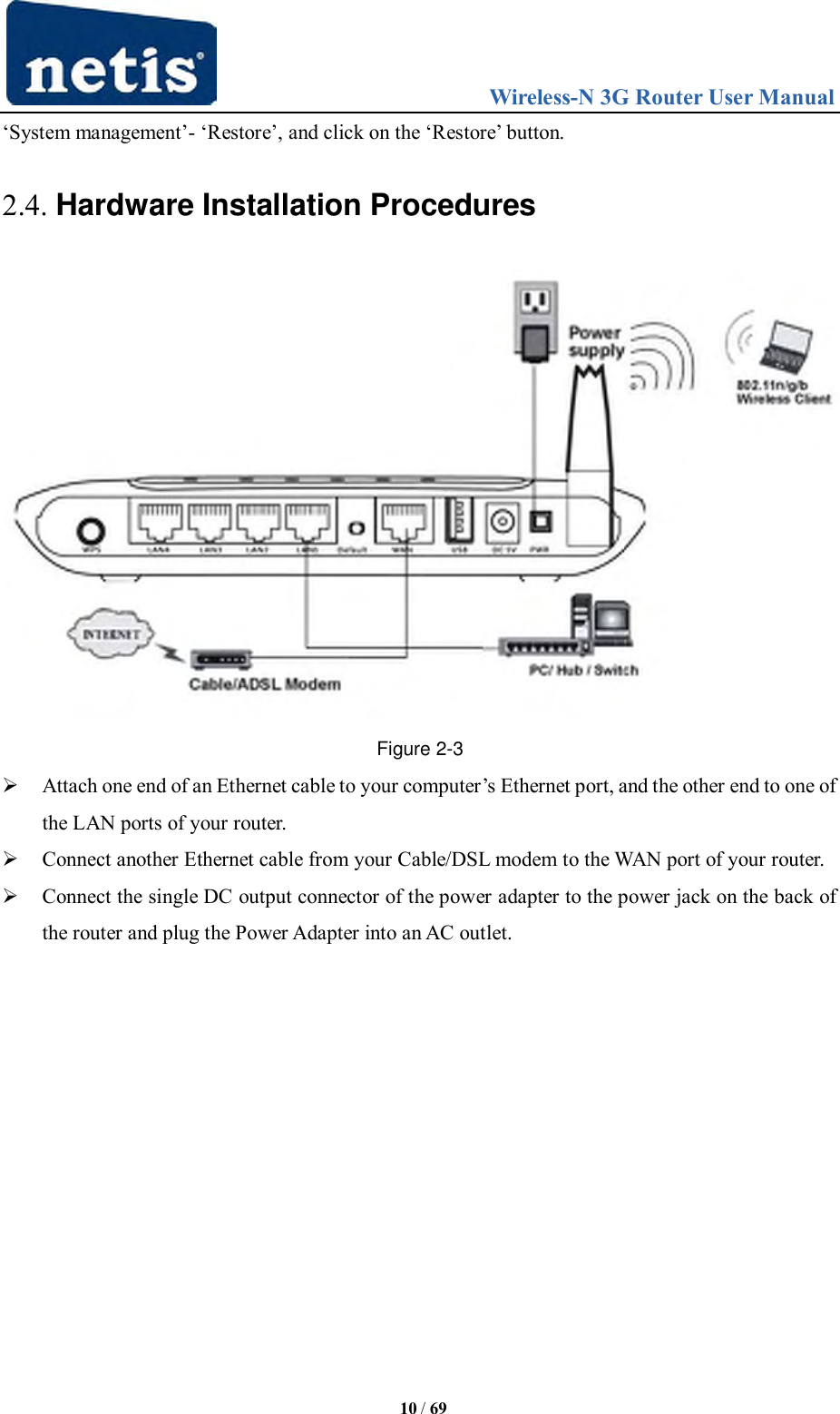                                 Wireless-N 3G Router User Manual  10 / 69 „System management‟- „Restore‟, and click on the „Restore‟ button. 2.4. Hardware Installation Procedures  Figure 2-3  Attach one end of an Ethernet cable to your computer‟s Ethernet port, and the other end to one of the LAN ports of your router.  Connect another Ethernet cable from your Cable/DSL modem to the WAN port of your router.  Connect the single DC output connector of the power adapter to the power jack on the back of the router and plug the Power Adapter into an AC outlet.    