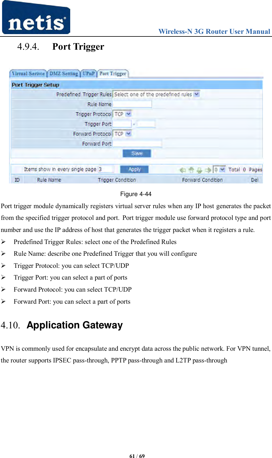                                 Wireless-N 3G Router User Manual  61 / 69 4.9.4. Port Trigger  Figure 4-44 Port trigger module dynamically registers virtual server rules when any IP host generates the packet from the specified trigger protocol and port. Port trigger module use forward protocol type and port number and use the IP address of host that generates the trigger packet when it registers a rule.  Predefined Trigger Rules: select one of the Predefined Rules  Rule Name: describe one Predefined Trigger that you will configure  Trigger Protocol: you can select TCP/UDP  Trigger Port: you can select a part of ports  Forward Protocol: you can select TCP/UDP  Forward Port: you can select a part of ports 4.10. Application Gateway VPN is commonly used for encapsulate and encrypt data across the public network. For VPN tunnel, the router supports IPSEC pass-through, PPTP pass-through and L2TP pass-through 