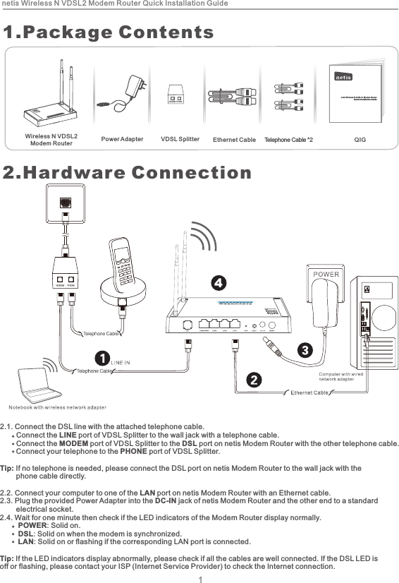 1.Package Contentsnetis Wireless N VDSL2 Modem Router Quick Installation Guide12.Hardware ConnectionWireless N VDSL2Modem Router Power Adapter VDSL Splitter Ethernet Cable Telephone Cable *2 QIGMODEMneti s Wirel ess N ADSL 2+ Mode m Route rQuic k Insta llati on Guid e2.1. Connect the DSL line with the attached telephone cable.        Connect the LINE port of VDSL Splitter to the wall jack with a telephone cable.        Connect the MODEM port of VDSL Splitter to the DSL port on netis Modem Router with the other telephone cable.         Connect your telephone to the PHONE port of VDSL Splitter.Tip: If no telephone is needed, please connect the DSL port on netis Modem Router to the wall jack with the         phone cable directly.2.2. Connect your computer to one of the LAN port on netis Modem Router with an Ethernet cable.2.3. Plug the provided Power Adapter into the DC-IN jack of netis Modem Router and the other end to a standard         electrical socket.2.4. Wait for one minute then check if the LED indicators of the Modem Router display normally.         POWER: Solid on.         DSL: Solid on when the modem is synchronized.         LAN: Solid on or flashing if the corresponding LAN port is connected.Tip: If the LED indicators display abnormally, please check if all the cables are well connected. If the DSL LED is off or flashing, please contact your ISP (Internet Service Provider) to check the Internet connection.PHONEV1234