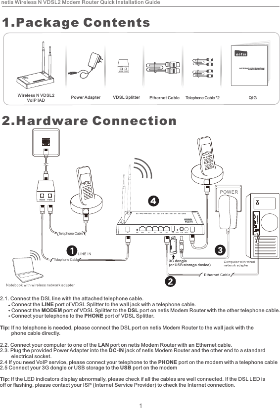 1.Package Contentsnetis Wireless N VDSL2 Modem Router Quick Installation Guide12.Hardware ConnectionWireless N VDSL2 VoIP IAD Power Adapter VDSL Splitter Ethernet Cable Telephone Cable *2 QIGMODEMneti s Wirel ess N ADSL 2+ Mode m Route rQuic k Insta llati on Guid e2.1. Connect the DSL line with the attached telephone cable.        Connect the LINE port of VDSL Splitter to the wall jack with a telephone cable.        Connect the MODEM port of VDSL Splitter to the DSL port on netis Modem Router with the other telephone cable.         Connect your telephone to the PHONE port of VDSL Splitter.Tip: If no telephone is needed, please connect the DSL port on netis Modem Router to the wall jack with the         phone cable directly.2.2. Connect your computer to one of the LAN port on netis Modem Router with an Ethernet cable.2.3. Plug the provided Power Adapter into the DC-IN jack of netis Modem Router and the other end to a standard         electrical socket.2.4 If you need VoIP service, please connect your telephone to the PHONE port on the modem with a telephone cable2.5 Connect your 3G dongle or USB storage to the USB port on the modemTip: If the LED indicators display abnormally, please check if all the cables are well connected. If the DSL LED is off or flashing, please contact your ISP (Internet Service Provider) to check the Internet connection.PHONEV3G dongle(or USB s tor age devic e)