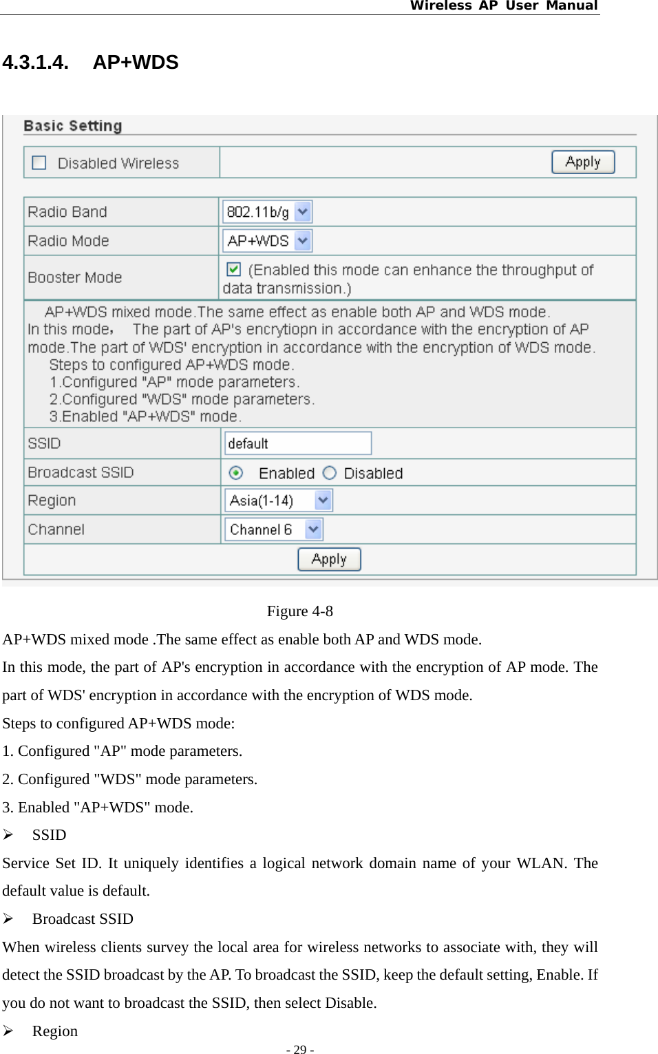 Wireless AP User Manual - 29 -  4.3.1.4. AP+WDS  Figure 4-8 AP+WDS mixed mode .The same effect as enable both AP and WDS mode. In this mode, the part of AP&apos;s encryption in accordance with the encryption of AP mode. The part of WDS&apos; encryption in accordance with the encryption of WDS mode.  Steps to configured AP+WDS mode:   1. Configured &quot;AP&quot; mode parameters. 2. Configured &quot;WDS&quot; mode parameters. 3. Enabled &quot;AP+WDS&quot; mode. ¾ SSID Service Set ID. It uniquely identifies a logical network domain name of your WLAN. The default value is default. ¾ Broadcast SSID When wireless clients survey the local area for wireless networks to associate with, they will detect the SSID broadcast by the AP. To broadcast the SSID, keep the default setting, Enable. If you do not want to broadcast the SSID, then select Disable. ¾ Region 