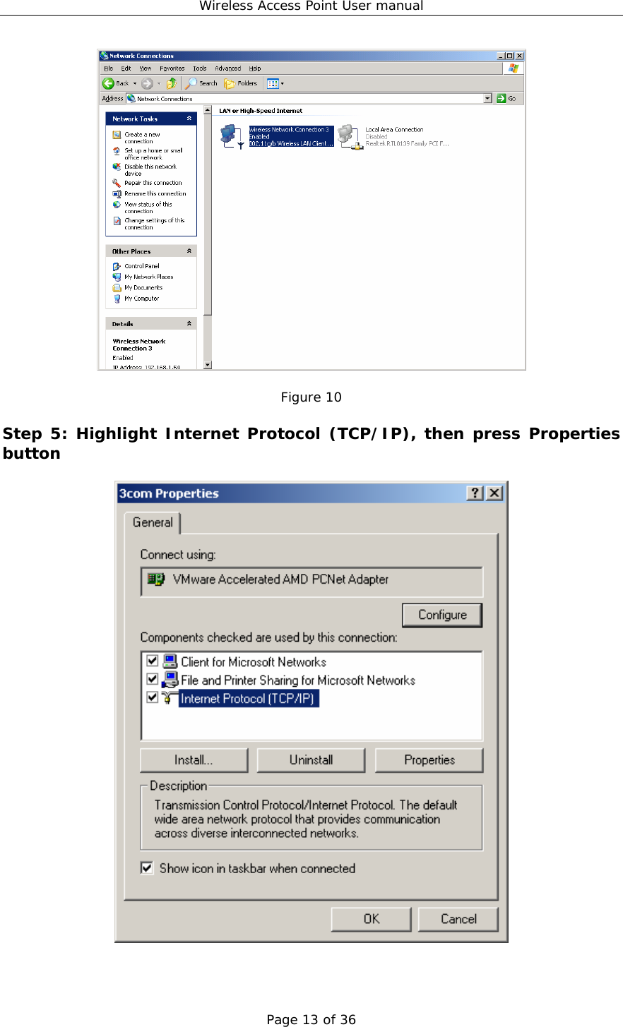 Wireless Access Point User manual Page 13 of 36   Figure 10  Step 5: Highlight Internet Protocol (TCP/IP), then press Properties button     