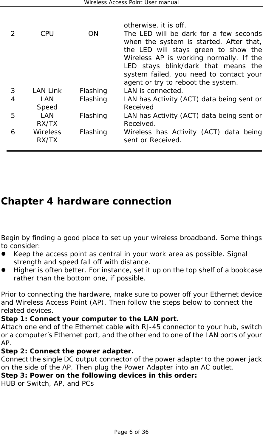Wireless Access Point User manual Page 6 of 36 otherwise, it is off. 2  CPU  ON  The LED will be dark for a few seconds when the system is started. After that, the LED will stays green to show the Wireless AP is working normally. If the LED stays blink/dark that means the system failed, you need to contact your agent or try to reboot the system. 3  LAN Link  Flashing  LAN is connected. 4 LAN Speed  Flashing  LAN has Activity (ACT) data being sent or Received 5 LAN RX/TX  Flashing  LAN has Activity (ACT) data being sent or Received. 6 Wireless RX/TX  Flashing  Wireless has Activity (ACT) data being sent or Received.      Chapter 4 hardware connection Begin by finding a good place to set up your wireless broadband. Some things to consider:ٛ  z Keep the access point as central in your work area as possible. Signal strength and speed fall off with distance.  z Higher is often better. For instance, set it up on the top shelf of a bookcase rather than the bottom one, if possible.  Prior to connecting the hardware, make sure to power off your Ethernet device and Wireless Access Point (AP). Then follow the steps below to connect the related devices. Step 1: Connect your computer to the LAN port. Attach one end of the Ethernet cable with RJ-45 connector to your hub, switch or a computer’s Ethernet port, and the other end to one of the LAN ports of your AP. Step 2: Connect the power adapter. Connect the single DC output connector of the power adapter to the power jack on the side of the AP. Then plug the Power Adapter into an AC outlet. Step 3: Power on the following devices in this order: HUB or Switch, AP, and PCs    