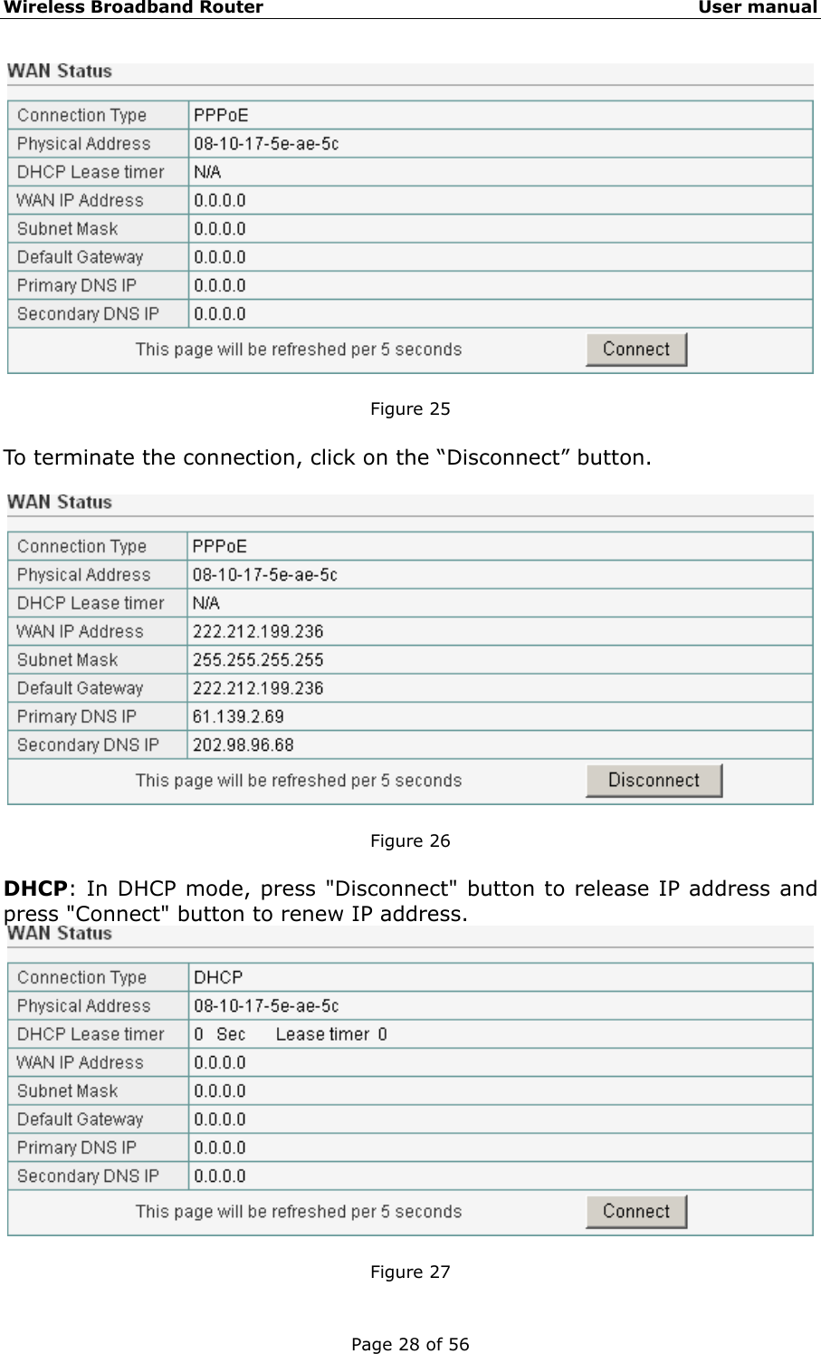 Wireless Broadband Router                                                   User manual Page 28 of 56   Figure 25  To terminate the connection, click on the “Disconnect” button.    Figure 26  DHCP: In DHCP mode, press &quot;Disconnect&quot; button to release IP address and press &quot;Connect&quot; button to renew IP address.   Figure 27 