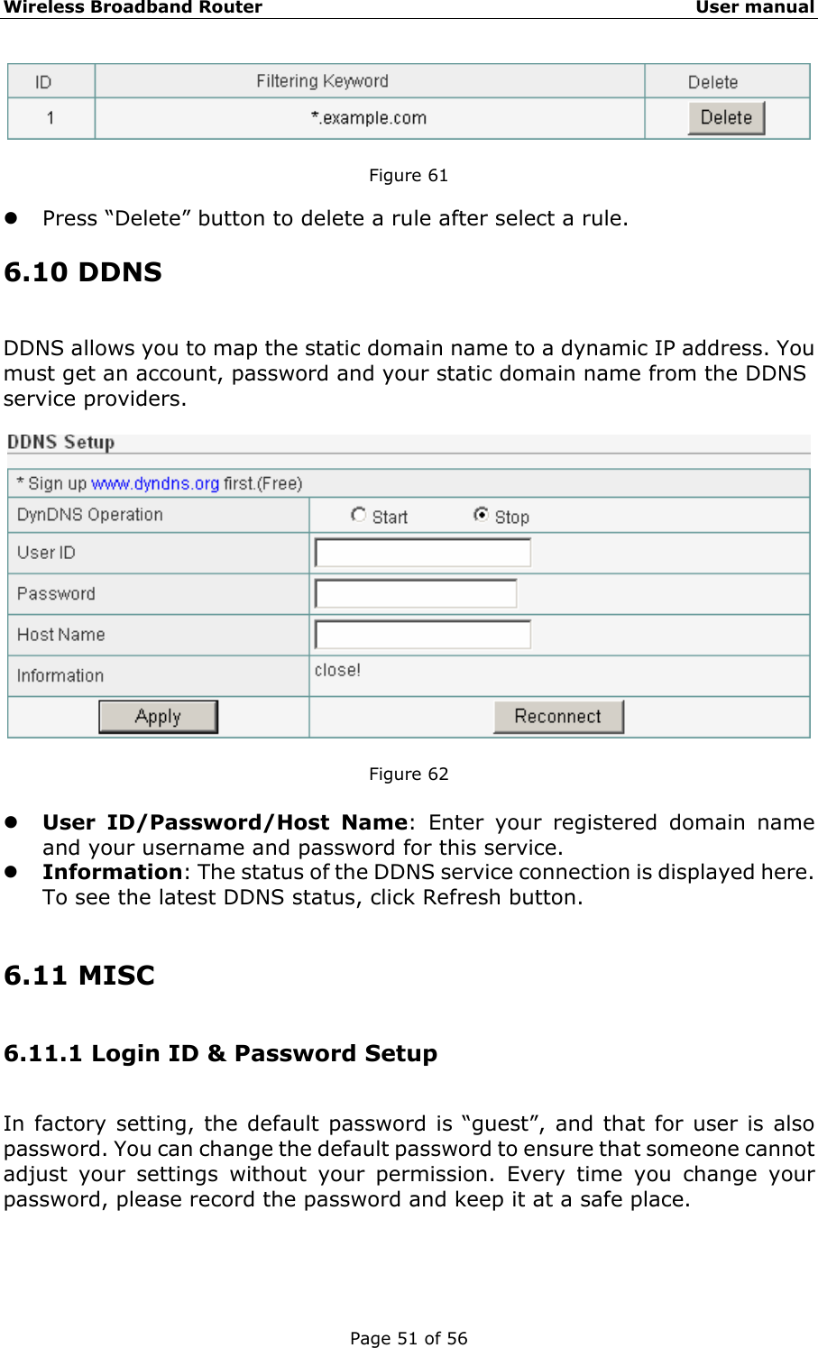 Wireless Broadband Router                                                   User manual Page 51 of 56   Figure 61  z Press “Delete” button to delete a rule after select a rule. 6.10 DDNS DDNS allows you to map the static domain name to a dynamic IP address. You must get an account, password and your static domain name from the DDNS service providers.      Figure 62  z User ID/Password/Host Name: Enter your registered domain name and your username and password for this service. z Information: The status of the DDNS service connection is displayed here. To see the latest DDNS status, click Refresh button.  6.11 MISC 6.11.1 Login ID &amp; Password Setup In factory setting, the default password is “guest”, and that for user is also password. You can change the default password to ensure that someone cannot adjust your settings without your permission. Every time you change your password, please record the password and keep it at a safe place.   
