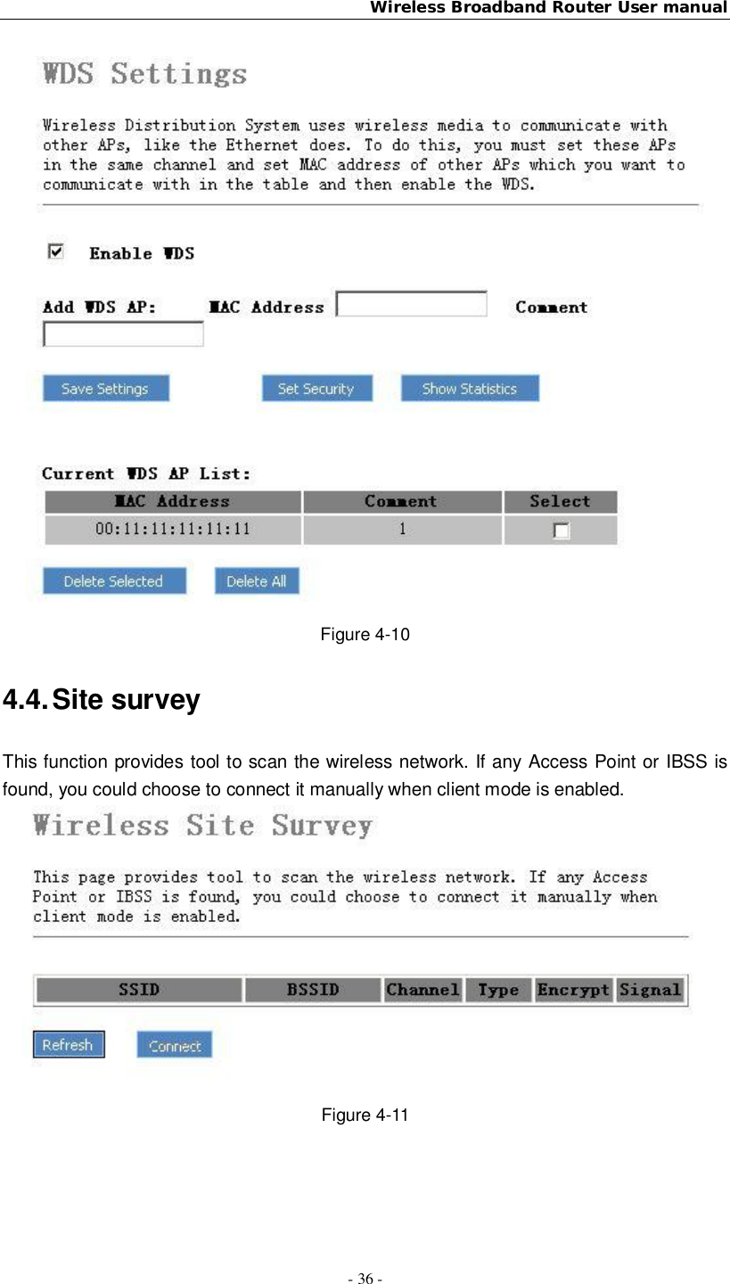 Wireless Broadband Router User manual- 36 -Figure 4-104.4. Site surveyThis function provides tool to scan the wireless network. If any Access Point or IBSS isfound, you could choose to connect it manually when client mode is enabled.Figure 4-11
