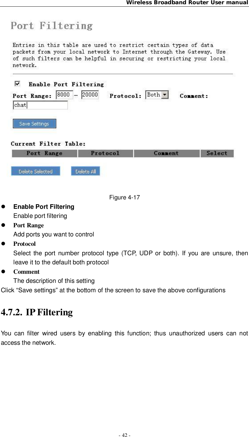Wireless Broadband Router User manual- 42 -Figure 4-17Enable Port FilteringEnable port filteringPort RangeAdd ports you want to controlProtocolSelect the port number protocol type (TCP, UDP or both). If you are unsure, thenleave it to the default both protocolCommentThe description of this settingClick “Save settings” at the bottom of the screen to save the above configurations4.7.2. IP FilteringYou can filter wired users by enabling this function; thus unauthorized users can notaccess the network.