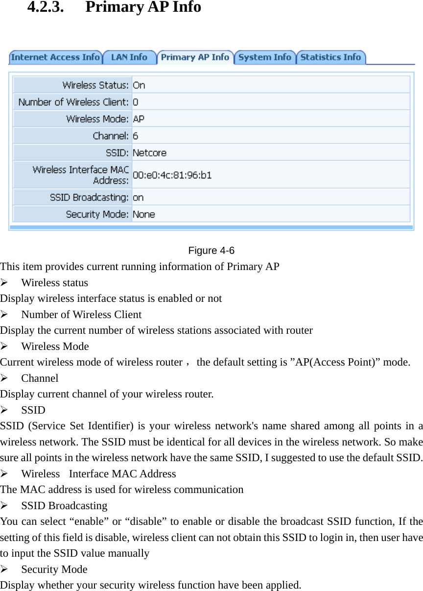 4.2.3. Primary AP Info  Figure  4-6 This item provides current running information of Primary AP ¾ Wireless status   Display wireless interface status is enabled or not ¾ Number of Wireless Client Display the current number of wireless stations associated with router ¾ Wireless Mode   Current wireless mo ，de of wireless router  the default setting is ”AP(Access Point)” mode.  ¾ Channel  Display current channel of your wireless router. ¾ SSID  SSID (Service Set Identifier) is your wireless network&apos;s name shared among all points in a wireless network. The SSID must be identical for all devices in the wireless network. So make sure all points in the wireless network have the same SSID, I suggested to use the default SSID.   ¾ Wireless  Interface MAC Address The MAC address is used for wireless communication ¾ SSID Broadcasting You can select “enable” or “disable” to enable or disable the broadcast SSID function, If the setting of this field is disable, wireless client can not obtain this SSID to login in, then user have to input the SSID value manually ¾ Security Mode   Display whether your security wireless function have been applied.  