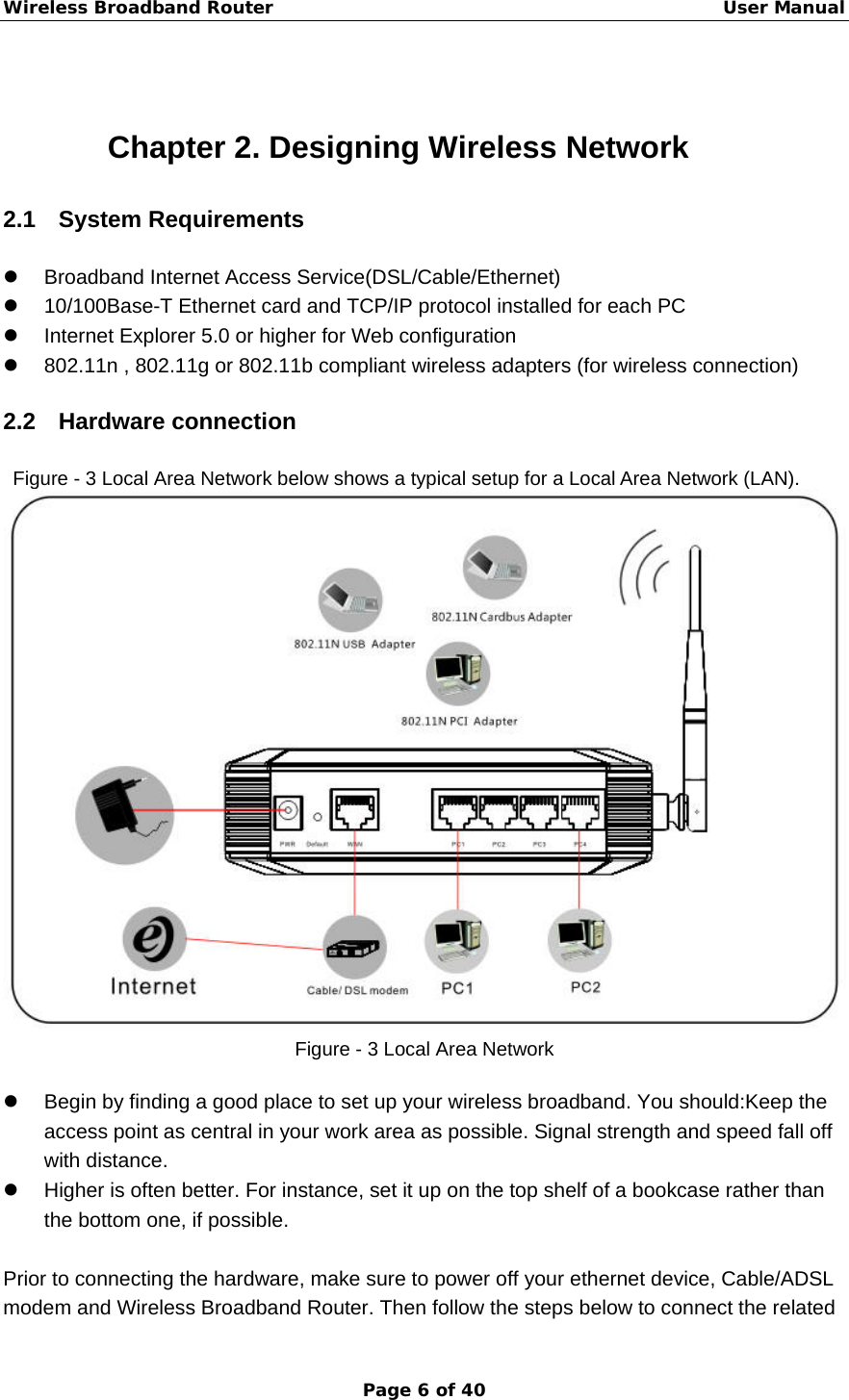 Wireless Broadband Router                                                   User Manual Page 6 of 40  Chapter 2. Designing Wireless Network 2.1 System Requirements z  Broadband Internet Access Service(DSL/Cable/Ethernet) z  10/100Base-T Ethernet card and TCP/IP protocol installed for each PC z  Internet Explorer 5.0 or higher for Web configuration z  802.11n , 802.11g or 802.11b compliant wireless adapters (for wireless connection) 2.2 Hardware connection   Figure - 3 Local Area Network below shows a typical setup for a Local Area Network (LAN).  Figure - 3 Local Area Network  z  Begin by finding a good place to set up your wireless broadband. You should:Keep the access point as central in your work area as possible. Signal strength and speed fall off with distance.   z  Higher is often better. For instance, set it up on the top shelf of a bookcase rather than the bottom one, if possible.  Prior to connecting the hardware, make sure to power off your ethernet device, Cable/ADSL modem and Wireless Broadband Router. Then follow the steps below to connect the related 