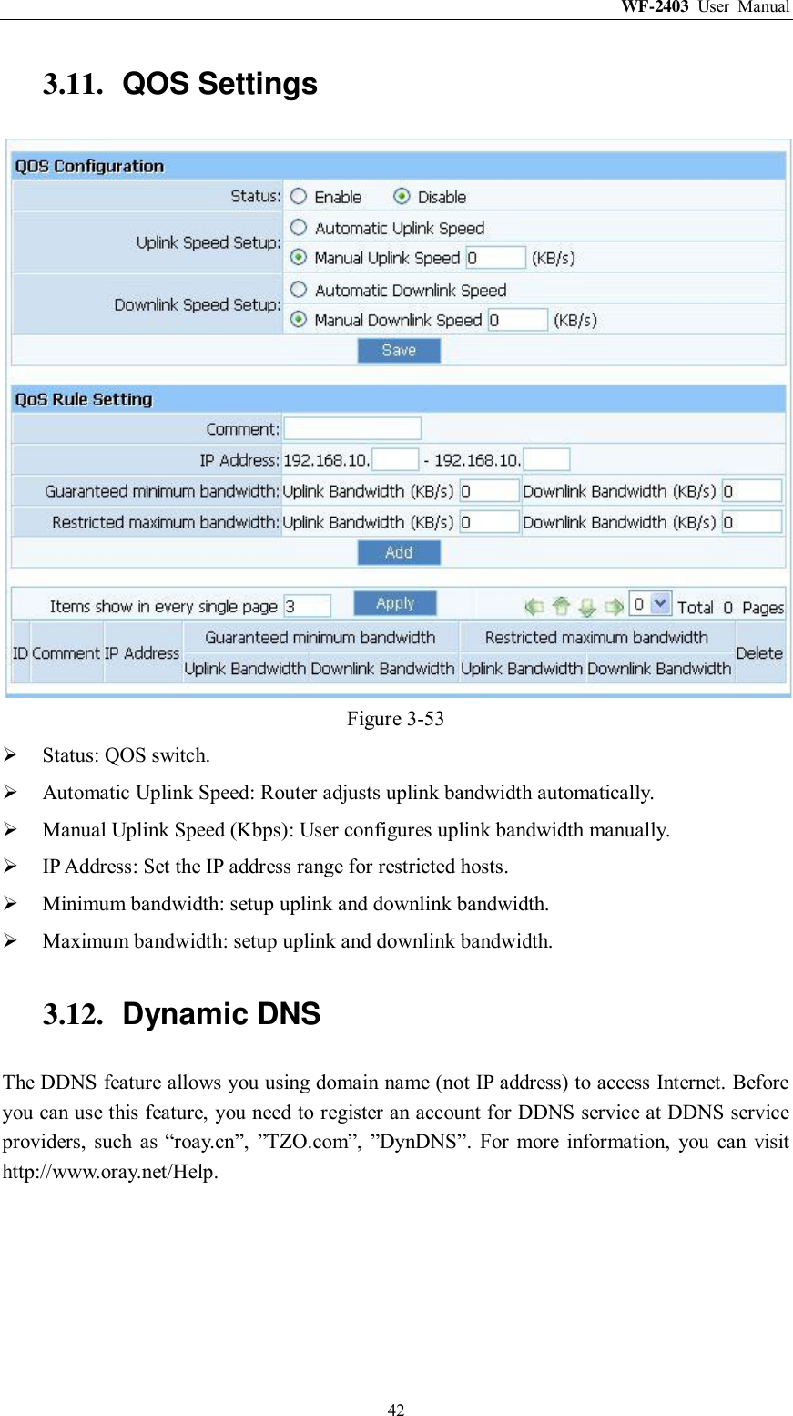 WF-2403  User  Manual  42 3.11.  QOS Settings  Figure 3-53  Status: QOS switch.  Automatic Uplink Speed: Router adjusts uplink bandwidth automatically.  Manual Uplink Speed (Kbps): User configures uplink bandwidth manually.  IP Address: Set the IP address range for restricted hosts.  Minimum bandwidth: setup uplink and downlink bandwidth.  Maximum bandwidth: setup uplink and downlink bandwidth. 3.12.  Dynamic DNS The DDNS feature allows you using domain name (not IP address) to access Internet. Before you can use this feature, you need to register an account for DDNS service at DDNS service providers,  such  as  “roay.cn”,  ”TZO.com”,  ”DynDNS”.  For  more  information,  you  can  visit http://www.oray.net/Help. 