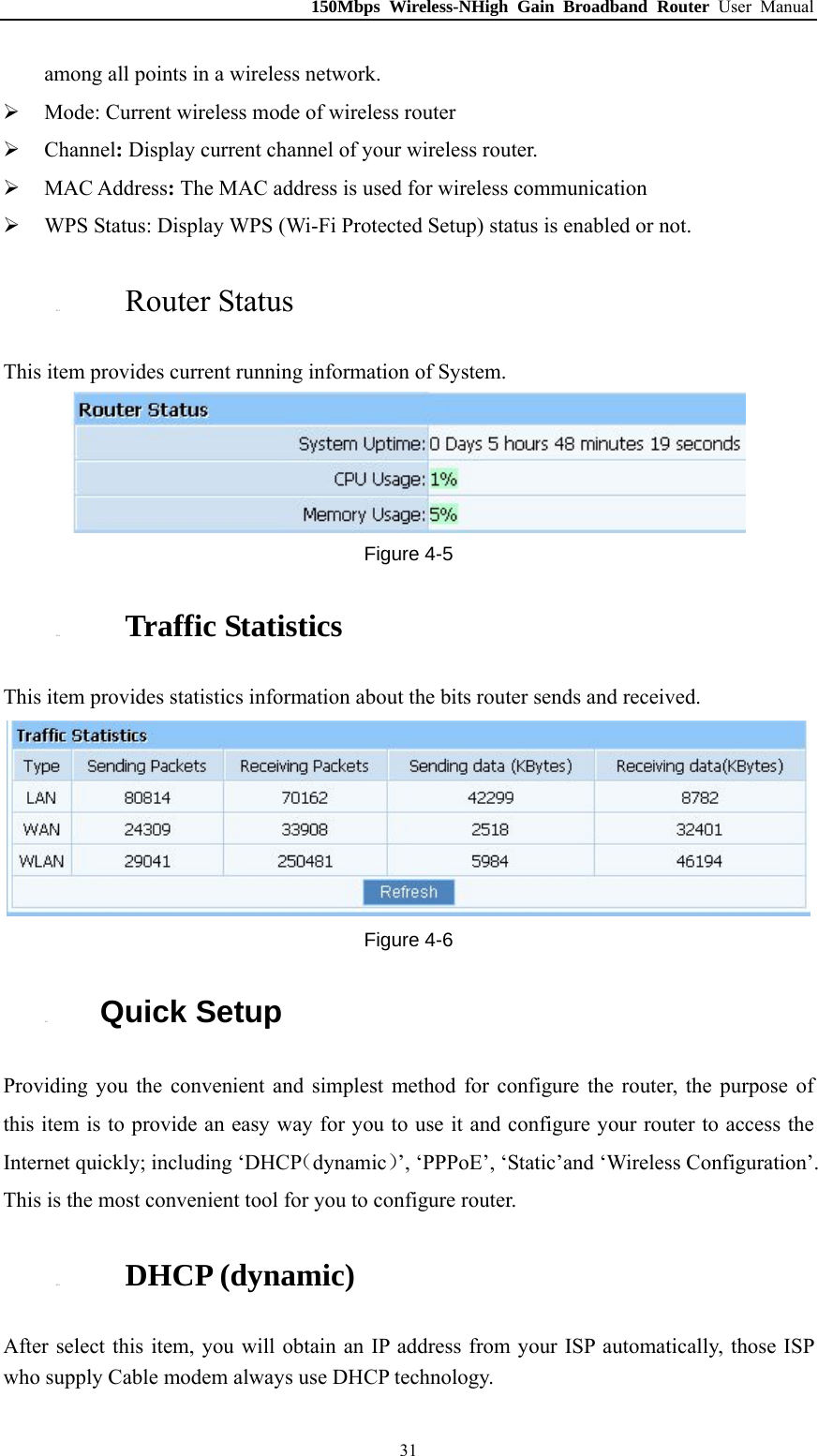 150Mbps Wireless-NHigh Gain Broadband Router User Manual among all points in a wireless network.  Mode: Current wireless mode of wireless router    Channel: Display current channel of your wireless router.  MAC Address: The MAC address is used for wireless communication  WPS Status: Display WPS (Wi-Fi Protected Setup) status is enabled or not. 4.1.5. Router Status This item provides current running information of System.  Figure 4-5 4.1.6. Traffic Statistics This item provides statistics information about the bits router sends and received.  Figure 4-6 4.2. Quick Setup Providing you the convenient and simplest method for configure the router, the purpose of this item is to provide an easy way for you to use it and configure your router to access the Internet quickly; including ‘DHCP（dynamic）’, ‘PPPoE’, ‘Static’and ‘Wireless Configuration’. This is the most convenient tool for you to configure router. 4.2.1. DHCP (dynamic) After select this item, you will obtain an IP address from your ISP automatically, those ISP who supply Cable modem always use DHCP technology.  31