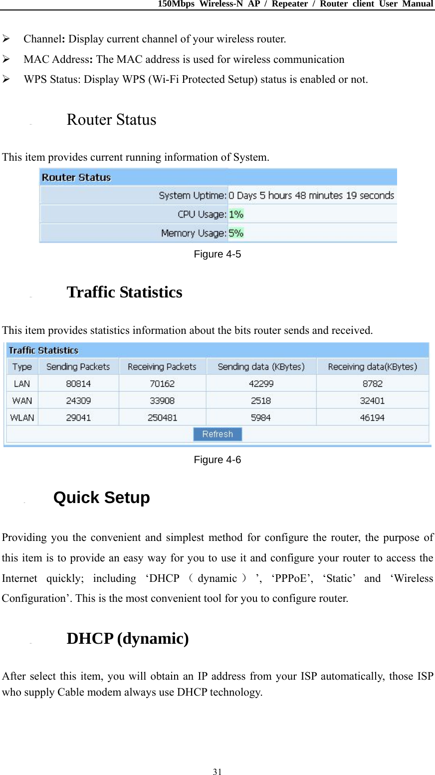 150Mbps Wireless-N AP / Repeater / Router client User Manual  31 Channel: Display current channel of your wireless router.  MAC Address: The MAC address is used for wireless communication  WPS Status: Display WPS (Wi-Fi Protected Setup) status is enabled or not. 4.1.5. Router Status This item provides current running information of System.  Figure 4-5 4.1.6. Traffic Statistics This item provides statistics information about the bits router sends and received.  Figure 4-6 4.2. Quick Setup Providing you the convenient and simplest method for configure the router, the purpose of this item is to provide an easy way for you to use it and configure your router to access the Internet quickly; including ‘DHCP （dynamic ）’, ‘PPPoE’, ‘Static’ and ‘Wireless Configuration’. This is the most convenient tool for you to configure router. 4.2.1. DHCP (dynamic) After select this item, you will obtain an IP address from your ISP automatically, those ISP who supply Cable modem always use DHCP technology. 