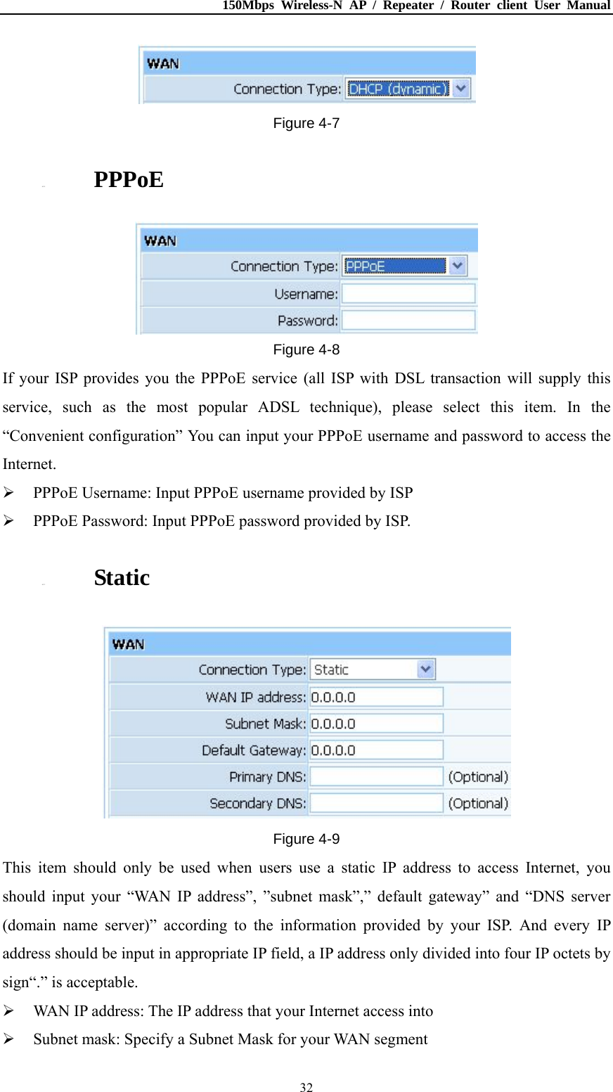 150Mbps Wireless-N AP / Repeater / Router client User Manual  32 Figure 4-7 4.2.2. PPPoE   Figure 4-8 If your ISP provides you the PPPoE service (all ISP with DSL transaction will supply this service, such as the most popular ADSL technique), please select this item. In the “Convenient configuration” You can input your PPPoE username and password to access the Internet.  PPPoE Username: Input PPPoE username provided by ISP  PPPoE Password: Input PPPoE password provided by ISP. 4.2.3. Static  Figure 4-9 This item should only be used when users use a static IP address to access Internet, you should input your “WAN IP address”, ”subnet mask”,” default gateway” and “DNS server (domain name server)” according to the information provided by your ISP. And every IP address should be input in appropriate IP field, a IP address only divided into four IP octets by sign“.” is acceptable.  WAN IP address: The IP address that your Internet access into  Subnet mask: Specify a Subnet Mask for your WAN segment 