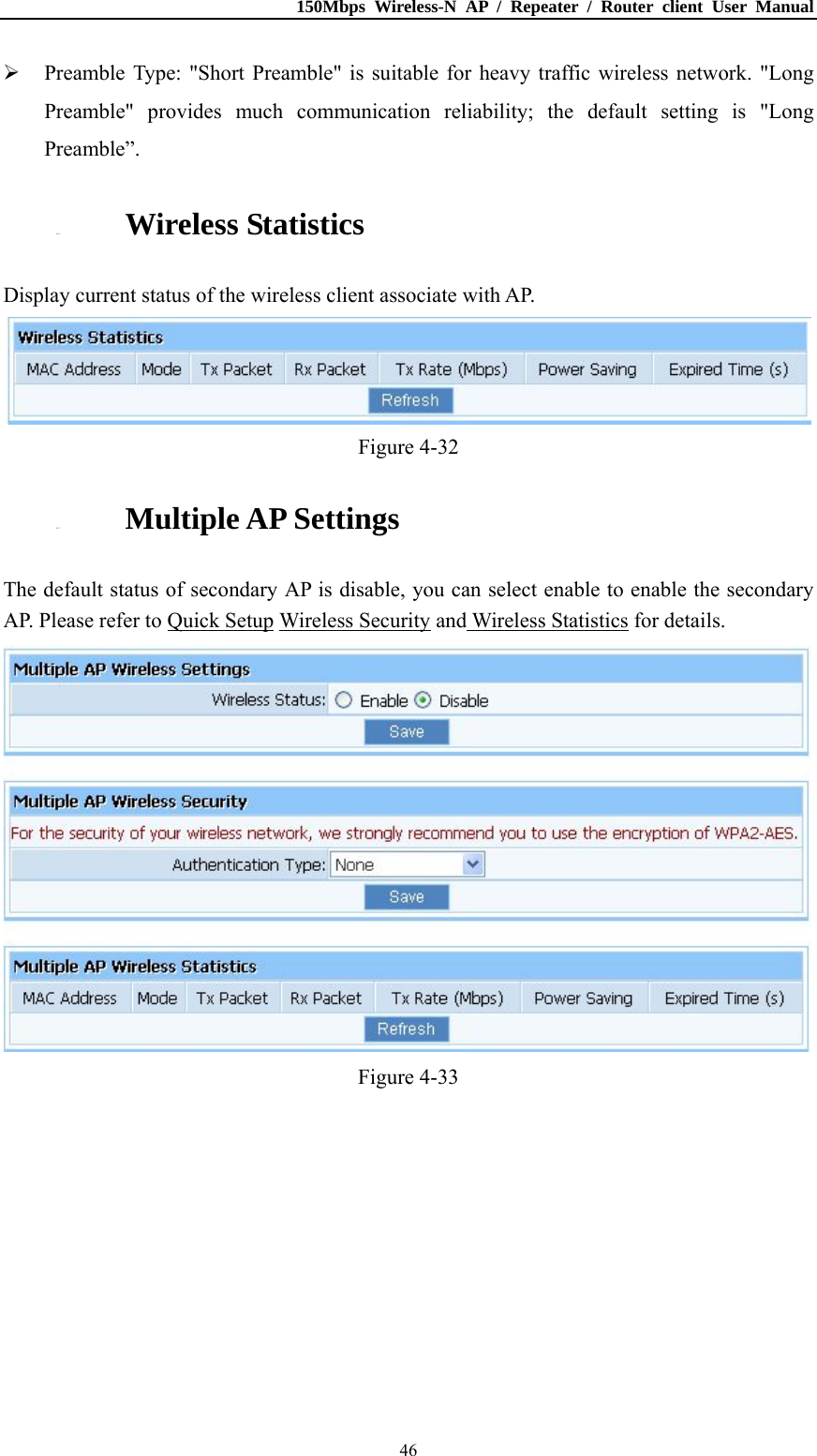150Mbps Wireless-N AP / Repeater / Router client User Manual  46 Preamble Type: &quot;Short Preamble&quot; is suitable for heavy traffic wireless network. &quot;Long Preamble&quot; provides much communication reliability; the default setting is &quot;Long Preamble”. 4.5.6. Wireless Statistics Display current status of the wireless client associate with AP.  Figure 4-32 4.5.7. Multiple AP Settings The default status of secondary AP is disable, you can select enable to enable the secondary AP. Please refer to Quick Setup Wireless Security and Wireless Statistics for details.  Figure 4-33 