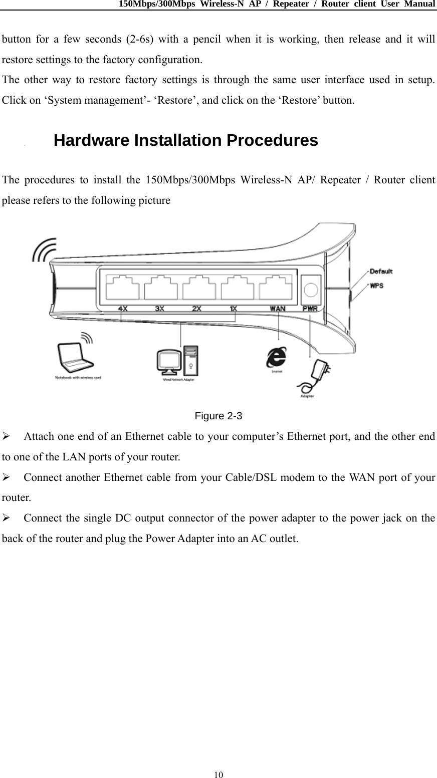 150Mbps/300Mbps Wireless-N AP / Repeater / Router client User Manual  10button for a few seconds (2-6s) with a pencil when it is working, then release and it will restore settings to the factory configuration. The other way to restore factory settings is through the same user interface used in setup. Click on ‘System management’- ‘Restore’, and click on the ‘Restore’ button. 2.4. Hardware Installation Procedures The procedures to install the 150Mbps/300Mbps Wireless-N AP/ Repeater / Router client  please refers to the following picture  Figure 2-3  Attach one end of an Ethernet cable to your computer’s Ethernet port, and the other end to one of the LAN ports of your router.  Connect another Ethernet cable from your Cable/DSL modem to the WAN port of your router.  Connect the single DC output connector of the power adapter to the power jack on the back of the router and plug the Power Adapter into an AC outlet. 