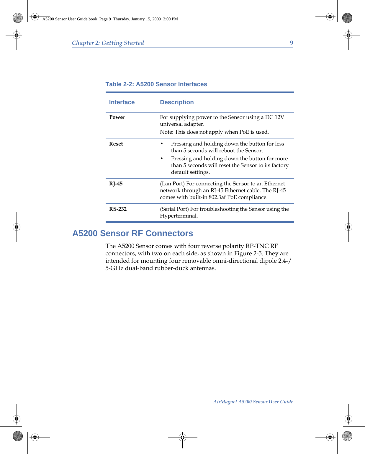 AirMagnet A5200 Sensor User GuideChapter 2: Getting Started 9A5200 Sensor RF ConnectorsThe A5200 Sensor comes with four reverse polarity RP-TNC RF connectors, with two on each side, as shown in Figure 2-5. They are intended for mounting four removable omni-directional dipole 2.4-/5-GHz dual-band rubber-duck antennas.Table 2-2: A5200 Sensor InterfacesInterface DescriptionPower For supplying power to the Sensor using a DC 12V universal adapter. Note: This does not apply when PoE is used.Reset • Pressing and holding down the button for less than 5 seconds will reboot the Sensor.• Pressing and holding down the button for more than 5 seconds will reset the Sensor to its factory default settings.RJ-45 (Lan Port) For connecting the Sensor to an Ethernet network through an RJ-45 Ethernet cable. The RJ-45 comes with built-in 802.3af PoE compliance.RS-232 (Serial Port) For troubleshooting the Sensor using the Hyperterminal.A5200 Sensor User Guide.book  Page 9  Thursday, January 15, 2009  2:00 PM