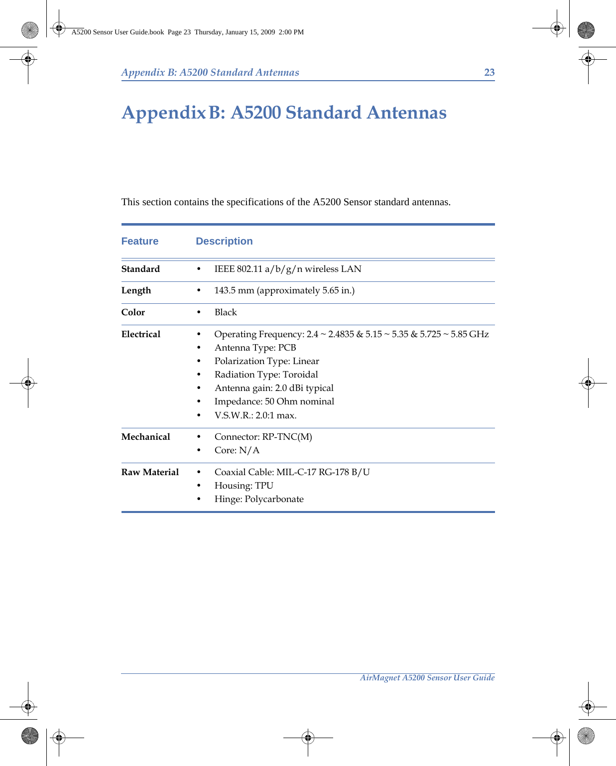 AirMagnet A5200 Sensor User GuideAppendix B: A5200 Standard Antennas 23A5200 Standard AntennasAppendix B:This section contains the specifications of the A5200 Sensor standard antennas.Feature DescriptionStandard • IEEE 802.11 a/b/g/n wireless LANLength • 143.5 mm (approximately 5.65 in.)Color •BlackElectrical • Operating Frequency: 2.4 ~ 2.4835 &amp; 5.15 ~ 5.35 &amp; 5.725 ~ 5.85 GHz• Antenna Type: PCB• Polarization Type: Linear• Radiation Type: Toroidal• Antenna gain: 2.0 dBi typical• Impedance: 50 Ohm nominal• V.S.W.R.: 2.0:1 max.Mechanical • Connector: RP-TNC(M)•Core: N/ARaw Material • Coaxial Cable: MIL-C-17 RG-178 B/U•Housing: TPU• Hinge: PolycarbonateA5200 Sensor User Guide.book  Page 23  Thursday, January 15, 2009  2:00 PM