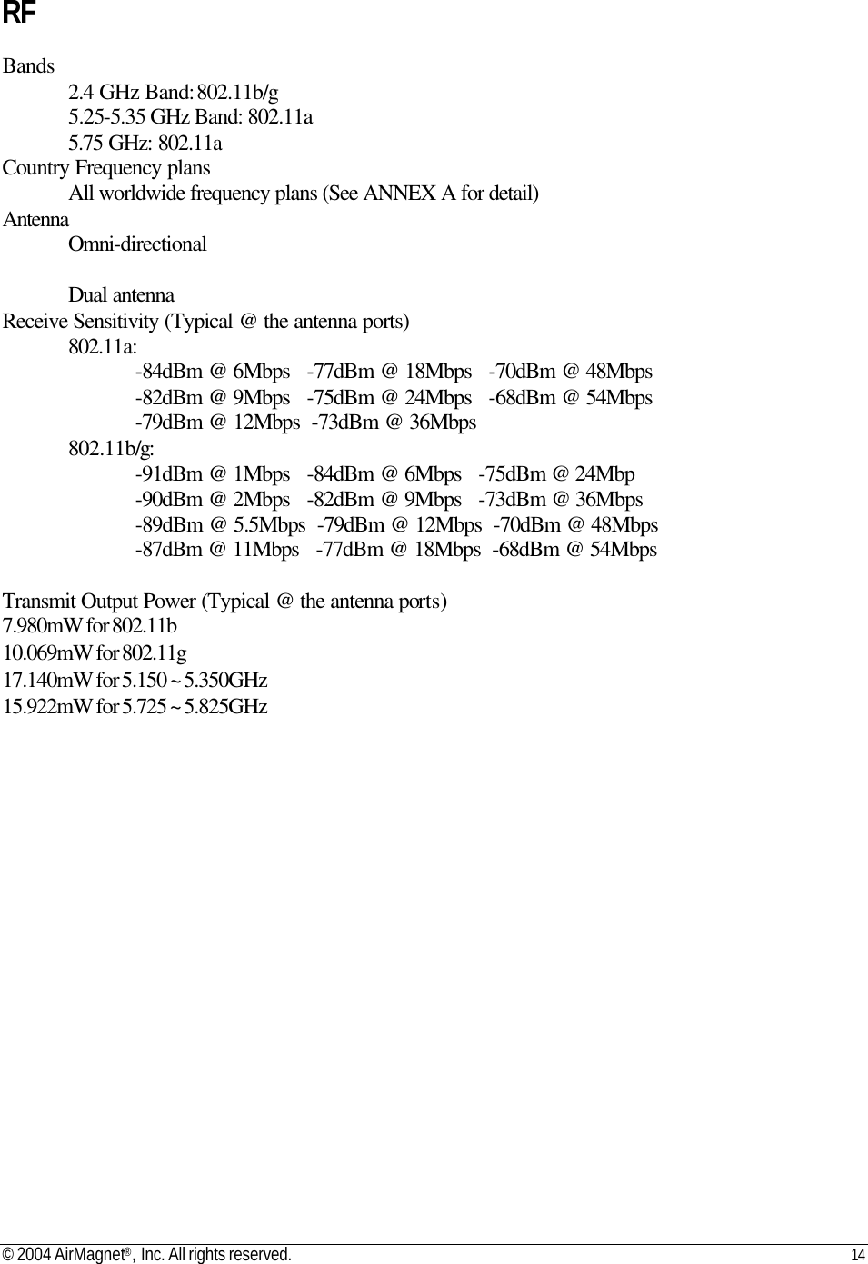 © 2004 AirMagnet®, Inc. All rights reserved. 14   RF  Bands 2.4 GHz Band: 802.11b/g 5.25-5.35 GHz Band: 802.11a 5.75 GHz: 802.11a Country Frequency plans  All worldwide frequency plans (See ANNEX A for detail) Antenna Omni-directional  Dual antenna Receive Sensitivity (Typical @ the antenna ports) 802.11a: -84dBm @ 6Mbps   -77dBm @ 18Mbps   -70dBm @ 48Mbps -82dBm @ 9Mbps   -75dBm @ 24Mbps   -68dBm @ 54Mbps -79dBm @ 12Mbps  -73dBm @ 36Mbps  802.11b/g: -91dBm @ 1Mbps   -84dBm @ 6Mbps   -75dBm @ 24Mbp   -90dBm @ 2Mbps   -82dBm @ 9Mbps   -73dBm @ 36Mbps  -89dBm @ 5.5Mbps  -79dBm @ 12Mbps  -70dBm @ 48Mbps  -87dBm @ 11Mbps   -77dBm @ 18Mbps  -68dBm @ 54Mbps  Transmit Output Power (Typical @ the antenna ports) 7.980mW for 802.11b 10.069mW for 802.11g 17.140mW for 5.150 ~ 5.350GHz 15.922mW for 5.725 ~ 5.825GHz 