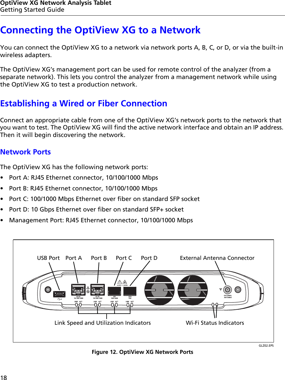 18OptiView XG Network Analysis TabletGetting Started GuideConnecting the OptiView XG to a NetworkYou can connect the OptiView XG to a network via network ports A, B, C, or D, or via the built-in wireless adapters. The OptiView XG’s management port can be used for remote control of the analyzer (from a separate network). This lets you control the analyzer from a management network while using the OptiView XG to test a production network.Establishing a Wired or Fiber ConnectionConnect an appropriate cable from one of the OptiView XG’s network ports to the network that you want to test. The OptiView XG will find the active network interface and obtain an IP address. Then it will begin discovering the network.Network PortsThe OptiView XG has the following network ports:•  Port A: RJ45 Ethernet connector, 10/100/1000 Mbps•  Port B: RJ45 Ethernet connector, 10/100/1000 Mbps•  Port C: 100/1000 Mbps Ethernet over fiber on standard SFP socket•  Port D: 10 Gbps Ethernet over fiber on standard SFP+ socket•  Management Port: RJ45 Ethernet connector, 10/100/1000 MbpsGLZ02.EPSFigure 12. OptiView XG Network Ports&lt;View of network connectors&gt;Port A Port B Port C Port DUSB Port External Antenna ConnectorLink Speed and Utilization Indicators  Wi-Fi Status Indicators 