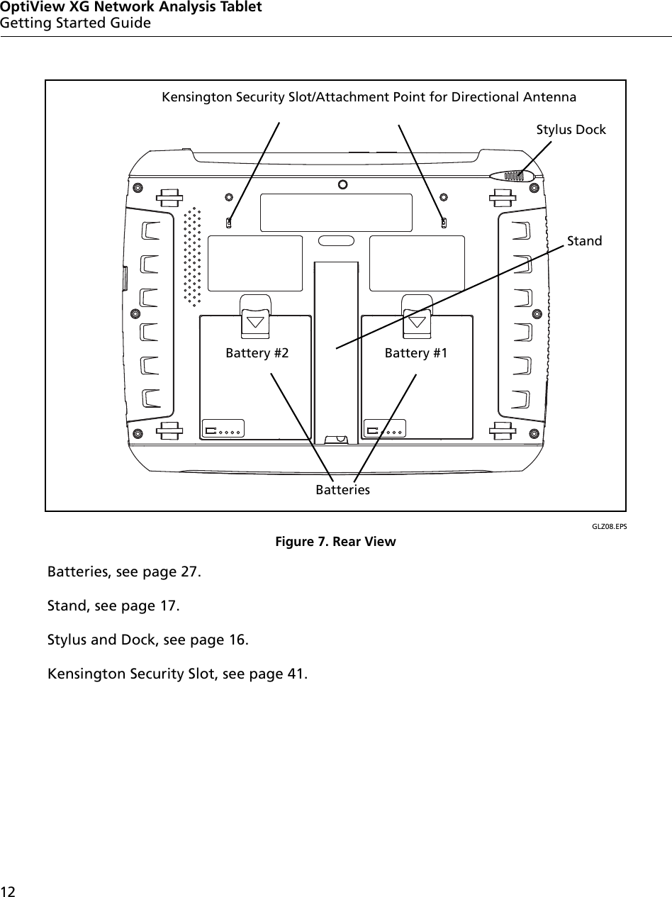 12OptiView XG Network Analysis TabletGetting Started GuideGLZ08.EPSFigure 7. Rear ViewBatteries, see page 27.Stand, see page 17.Stylus and Dock, see page 16.Kensington Security Slot, see page 41.Stylus DockStandBatteriesKensington Security Slot/Attachment Point for Directional AntennaBattery #2 Battery #1