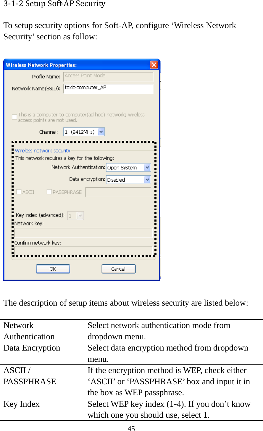 45  3-1-2 Setup Soft-AP Security  To setup security options for Soft-AP, configure ‘Wireless Network Security’ section as follow:    The description of setup items about wireless security are listed below:  Network Authentication Select network authentication mode from dropdown menu. Data Encryption Select data encryption method from dropdown menu. ASCII / PASSPHRASE If the encryption method is WEP, check either ‘ASCII’ or ‘PASSPHRASE’ box and input it in the box as WEP passphrase. Key Index Select WEP key index (1-4). If you don’t know which one you should use, select 1. 