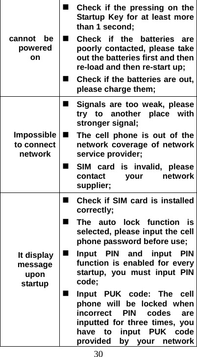  30cannot  be powered on  Check if the pressing on the Startup Key for at least more than 1 second;    Check if the batteries are poorly contacted, please take out the batteries first and then re-load and then re-start up;  Check if the batteries are out, please charge them;   Impossible to connect network Signals are too weak, please try to another place with stronger signal;    The cell phone is out of the network coverage of network service provider;    SIM card is invalid, please contact your network supplier;  It display message upon startup  Check if SIM card is installed correctly;   The auto lock function is selected, please input the cell phone password before use;  Input PIN and input PIN function is enabled for every startup, you must input PIN code;    Input PUK code: The cell phone will be locked when incorrect PIN codes are inputted for three times, you have to input PUK code provided by your network 