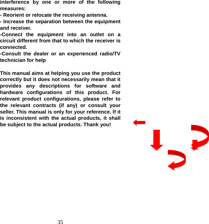  35interference by one or more of the following measures: - Reorient or relocate the receiving antenna. - Increase the separation between the equipment and receiver. -Connect the equipment into an outlet on a circuit different from that to which the receiver is connected. -Consult the dealer or an experienced radio/TV technician for help  This manual aims at helping you use the product correctly but it does not necessarily mean that it provides any descriptions for software and hardware configurations of this product. For relevant product configurations, please refer to the relevant contracts (if any) or consult your seller. This manual is only for your reference. If it is inconsistent with the actual products, it shall be subject to the actual products. Thank you! 