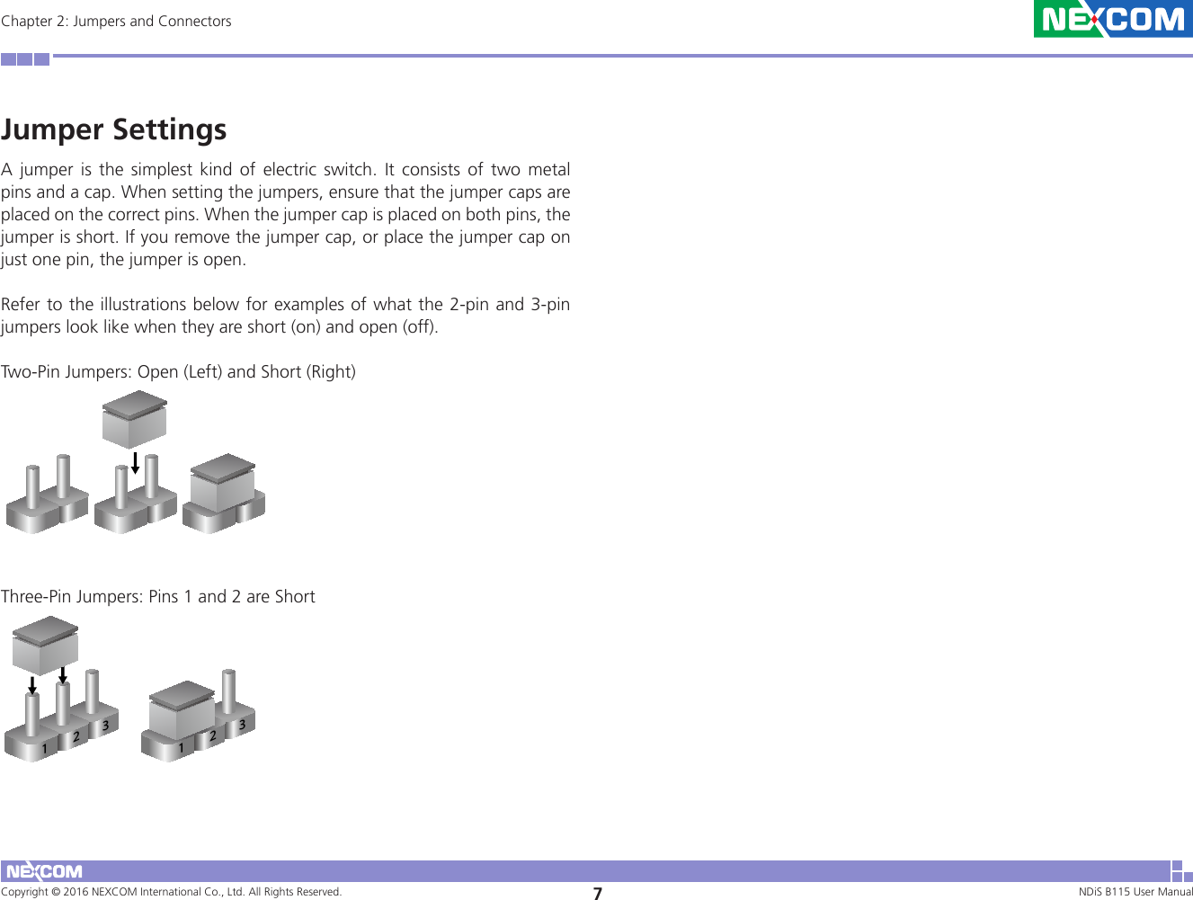 Copyright © 2016 NEXCOM International Co., Ltd. All Rights Reserved. 7NDiS B115 User Manual Chapter 2: Jumpers and ConnectorsJumper SettingsA jumper is the simplest kind of electric switch. It consists of two metal pins and a cap. When setting the jumpers, ensure that the jumper caps are placed on the correct pins. When the jumper cap is placed on both pins, the jumper is short. If you remove the jumper cap, or place the jumper cap on just one pin, the jumper is open.Refer to the illustrations below for examples of what the 2-pin and 3-pin jumpers look like when they are short (on) and open (off).Two-Pin Jumpers: Open (Left) and Short (Right) Three-Pin Jumpers: Pins 1 and 2 are Short123123