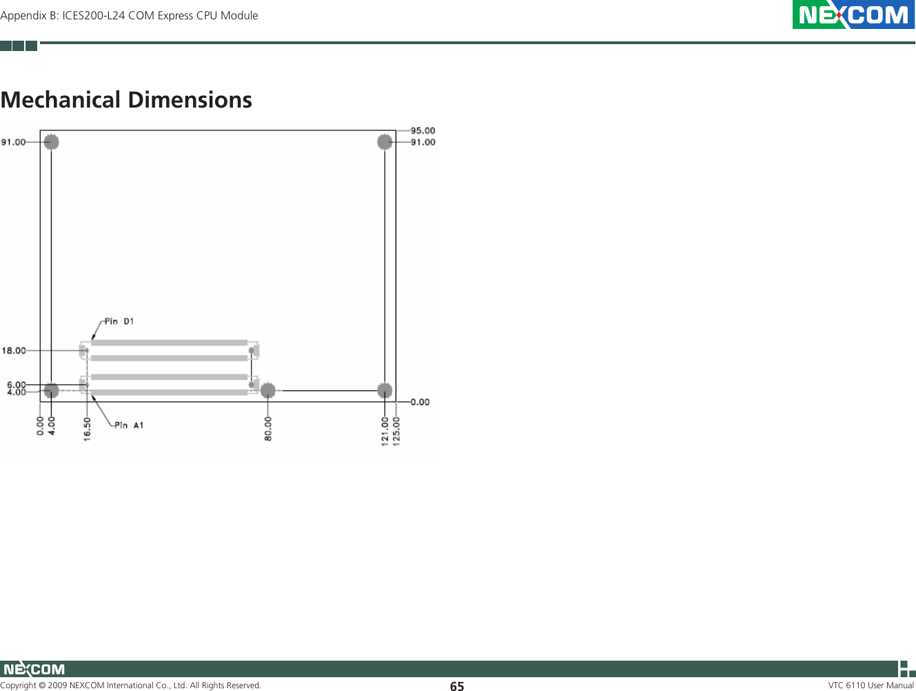 Copyright © 2009 NEXCOM International Co., Ltd. All Rights Reserved. 65 VTC 6110 User ManualAppendix B: ICES200-L24 COM Express CPU ModuleMechanical Dimensions