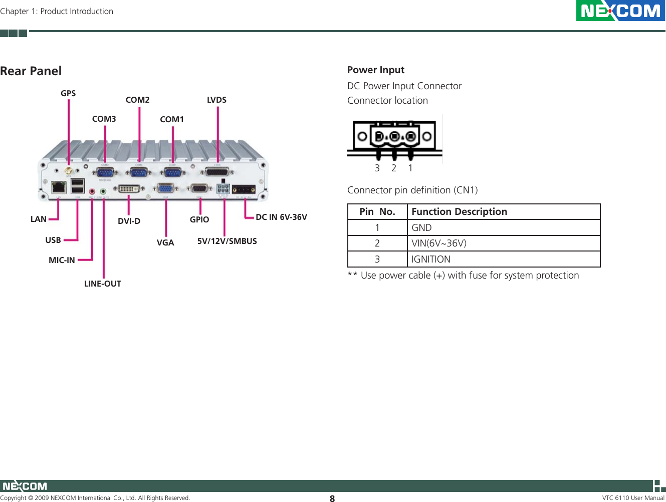 Copyright © 2009 NEXCOM International Co., Ltd. All Rights Reserved. 8VTC 6110 User ManualChapter 1: Product IntroductionRear Panel** Use power cable (+) with fuse for system protectionPower InputDC Power Input ConnectorConnector location          3    2    1Connector pin definition (CN1)Pin  No. Function Description1 GND2 VIN(6V~36V)3 IGNITIONVGACOM1COM2COM3GPSLANUSBMIC-INLINE-OUTDVI-D GPIO5V/12V/SMBUSDC IN 6V-36VLVDS