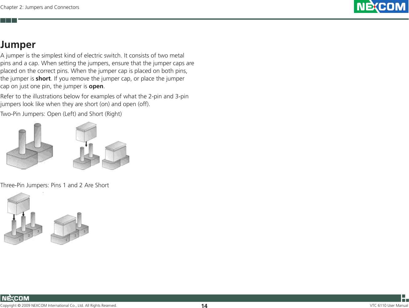 Copyright © 2009 NEXCOM International Co., Ltd. All Rights Reserved. 14Chapter 2: Jumpers and ConnectorsVTC 6110 User ManualJumperA jumper is the simplest kind of electric switch. It consists of two metal pins and a cap. When setting the jumpers, ensure that the jumper caps are placed on the correct pins. When the jumper cap is placed on both pins, the jumper is short. If you remove the jumper cap, or place the jumper cap on just one pin, the jumper is open. Refer to the illustrations below for examples of what the 2-pin and 3-pin jumpers look like when they are short (on) and open (off).Two-Pin Jumpers: Open (Left) and Short (Right)Three-Pin Jumpers: Pins 1 and 2 Are Short