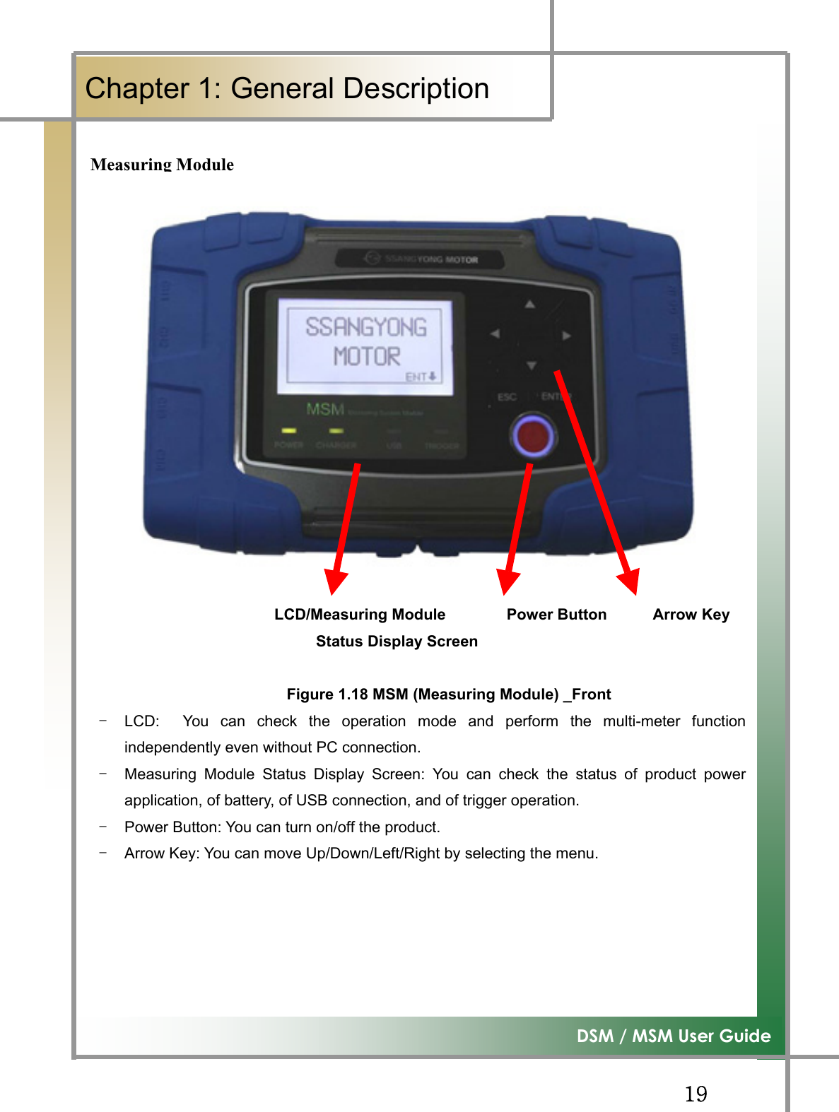 GGX`G͑DSM / MSM User GuideGChapter 1: General Description GMeasuring ModuleGGGGGGGGGGGGGGGGGGGGGGGGGGGGGGGGGGGGGGGGGGLCD/Measuring Module        Power Button      Arrow Key Status Display Screen Figure 1.18 MSM (Measuring Module) _FrontTG LCD:  You can check the operation mode and perform the multi-meter functionindependently even without PC connection. TG Measuring Module Status Display Screen: You can check the status of product powerapplication, of battery, of USB connection, and of trigger operation. TG Power Button: You can turn on/off the product. TG Arrow Key: You can move Up/Down/Left/Right by selecting the menu. GGGG