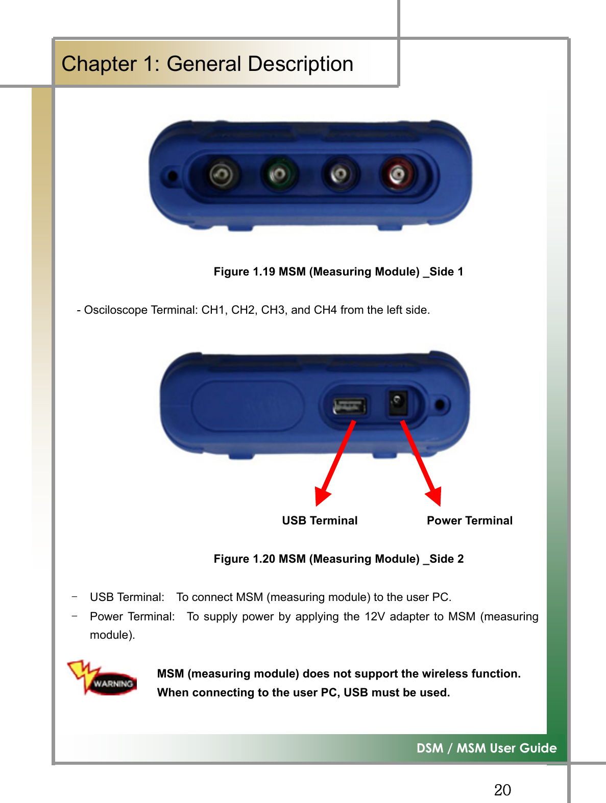 GGYWG͑DSM / MSM User GuideGChapter 1: General Description GGGGGGGGGFigure 1.19 MSM (Measuring Module) _Side 1- Osciloscope Terminal: CH1, CH2, CH3, and CH4 from the left side. GGGGGGGGGUSB Terminal            Power TerminalFigure 1.20 MSM (Measuring Module) _Side 2TG USB Terminal:    To connect MSM (measuring module) to the user PC. TG Power Terminal:    To supply power by applying the 12V adapter to MSM (measuringmodule).MSM (measuring module) does not support the wireless function.                 When connecting to the user PC, USB must be used.