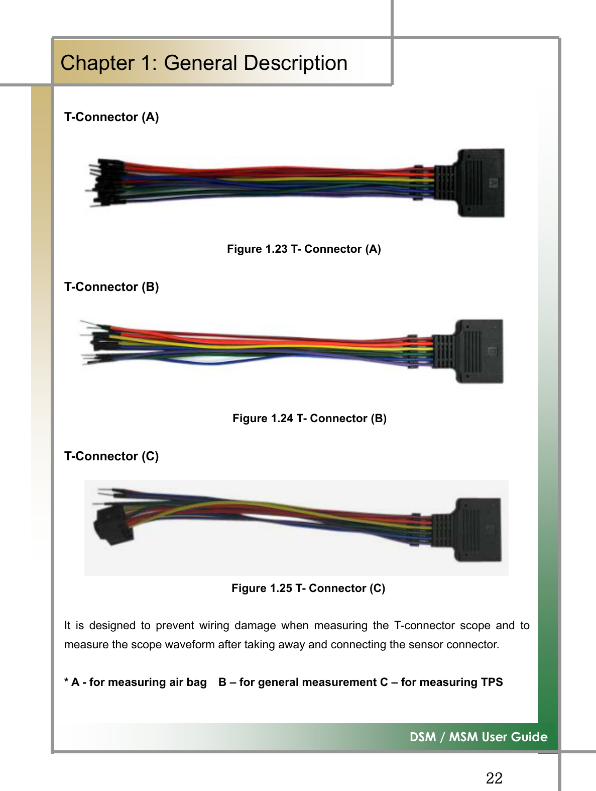 GGYYG͑DSM / MSM User GuideGChapter 1: General Description GT-Connector (A) Figure 1.23 T- Connector (A)T-Connector (B) Figure 1.24 T- Connector (B)T-Connector (C)Figure 1.25 T- Connector (C) It is designed to prevent wiring damage when measuring the T-connector scope and tomeasure the scope waveform after taking away and connecting the sensor connector. * A - for measuring air bag    B – for general measurement C – for measuring TPS 
