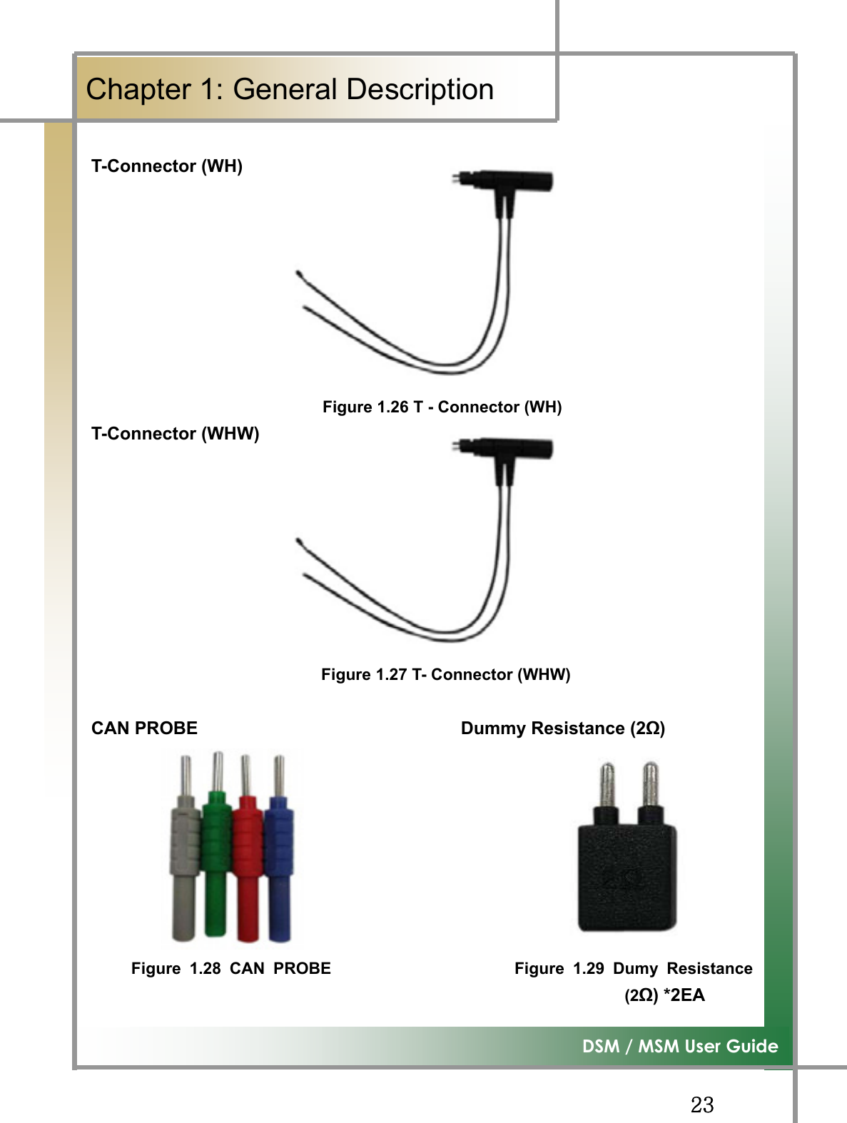GGYZG͑DSM / MSM User GuideGChapter 1: General Description GT-Connector (WH) Figure 1.26 T - Connector (WH)T-Connector (WHW) Figure 1.27 T- Connector (WHW)CAN PROBE                              Dummy Resistance (2)Figure 1.28 CAN PROBE                      Figure 1.29 Dumy Resistance(2) *2EA 