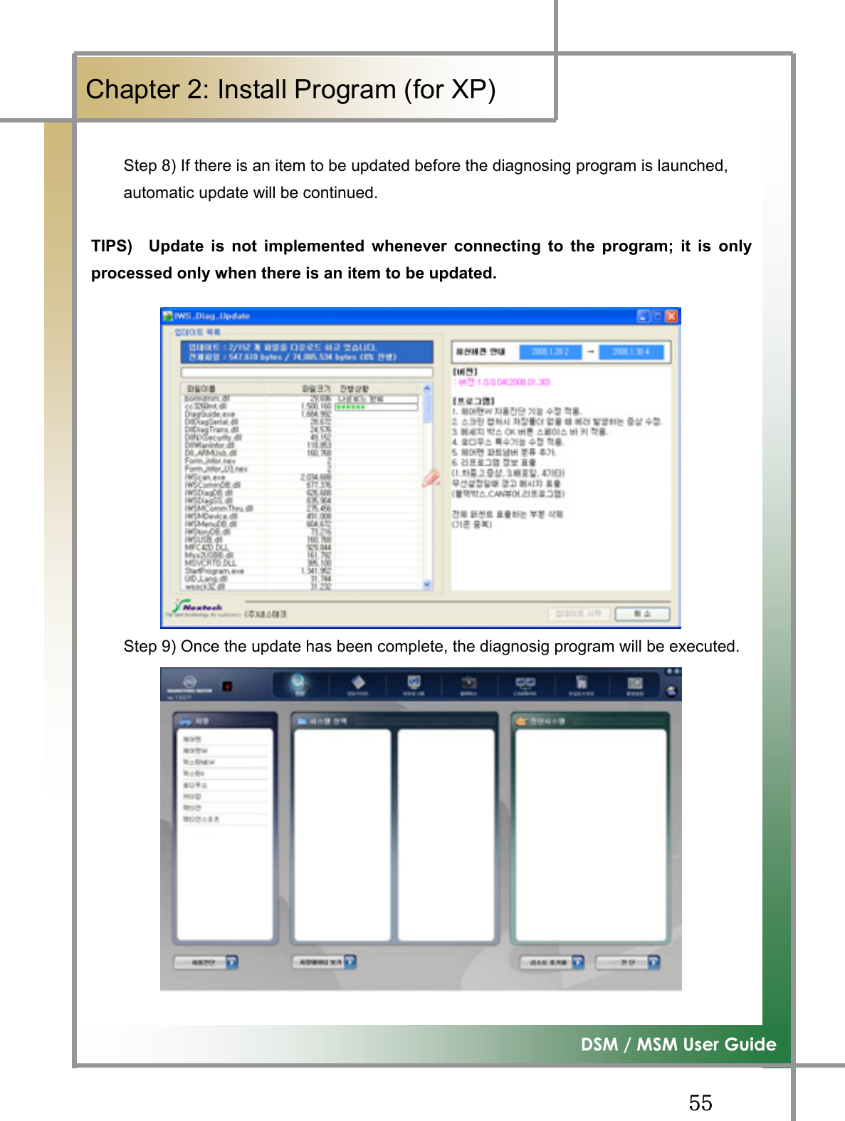 GG\\G͑DSM / MSM User GuideGChapter 2: Install Program (for XP) GStep 8) If there is an item to be updated before the diagnosing program is launched,   automatic update will be continued. TIPS)  Update is not implemented whenever connecting to the program; it is onlyprocessed only when there is an item to be updated. GGGGGGGGGGGGStep 9) Once the update has been complete, the diagnosig program will be executed.
