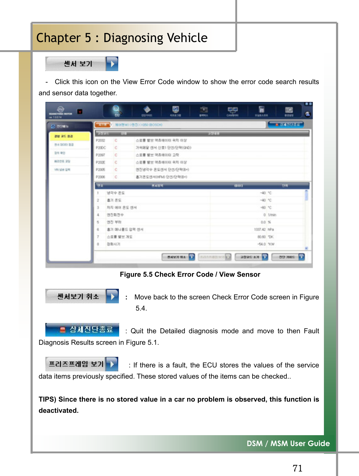 GG^XG͑DSM / MSM User GuideGChapter 5 : Diagnosing Vehicleٻ                          -    Click this icon on the View Error Code window to show the error code search resultsand sensor data together. Figure 5.5 Check Error Code / View Sensor                         :    Move back to the screen Check Error Code screen in Figure5.4.                           : Quit the Detailed diagnosis mode and move to then FaultDiagnosis Results screen in Figure 5.1.   : If there is a fault, the ECU stores the values of the servicedata items previously specified. These stored values of the items can be checked.. TIPS) Since there is no stored value in a car no problem is observed, this function isdeactivated.