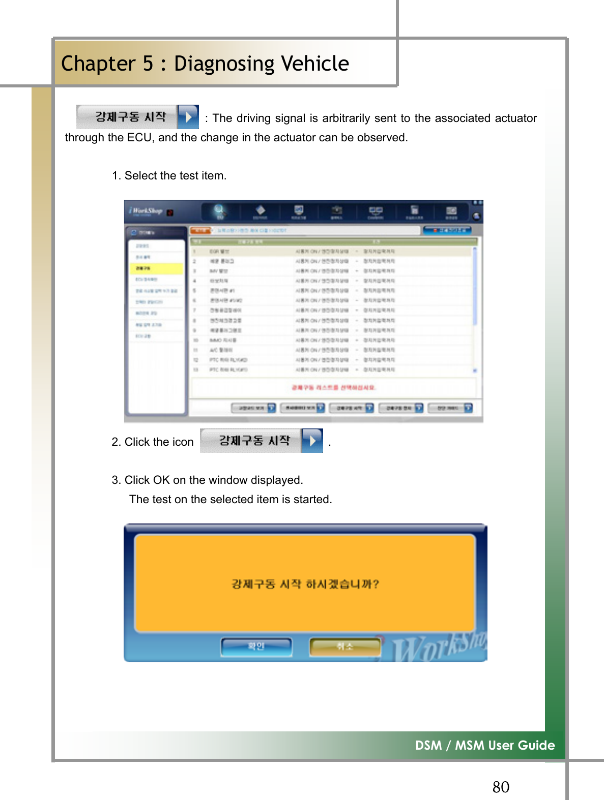 GG_WG͑DSM / MSM User GuideGChapter 5 : Diagnosing Vehicleٻ                        : The driving signal is arbitrarily sent to the associated actuatorthrough the ECU, and the change in the actuator can be observed.         1. Select the test item.         2. Click the icon                       .                3. Click OK on the window displayed.            The test on the selected item is started. 