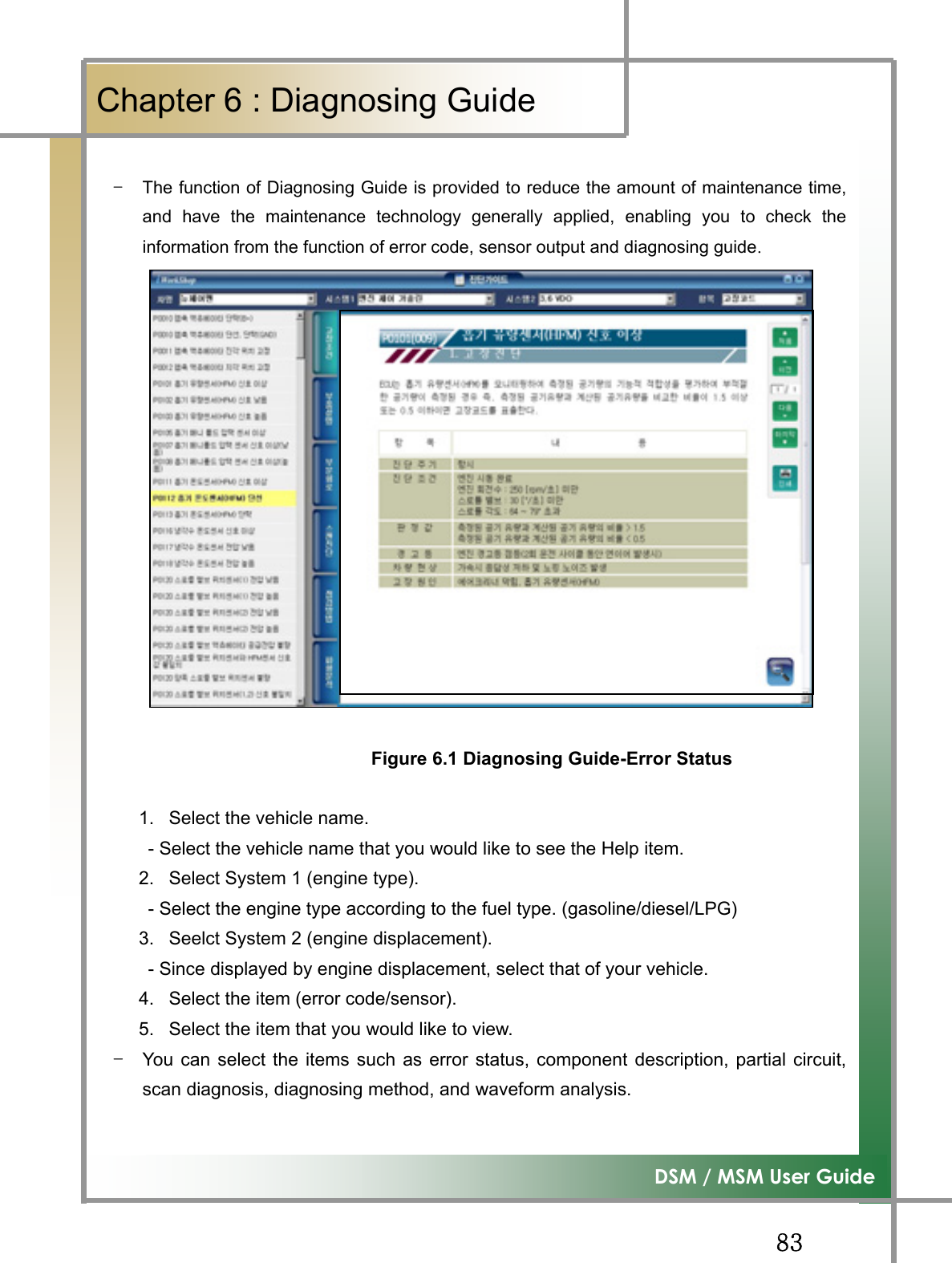 GG_ZG͑ ͑DSM / MSM User GuideGChapter 6 : Diagnosing GuideGTG The function of Diagnosing Guide is provided to reduce the amount of maintenance time,and have the maintenance technology generally applied, enabling you to check theinformation from the function of error code, sensor output and diagnosing guideUGGGGGGGGGGGGGGGGFigure 6.1 Diagnosing Guide-Error StatusG1.  Select the vehicle name.   - Select the vehicle name that you would like to see the Help item. 2.  Select System 1 (engine type).   - Select the engine type according to the fuel type. (gasoline/diesel/LPG) 3.  Seelct System 2 (engine displacement).   - Since displayed by engine displacement, select that of your vehicle. 4.  Select the item (error code/sensor). 5.  Select the item that you would like to view. TG You can select the items such as error status, component description, partial circuit,scan diagnosis, diagnosing method, and waveform analysis. 