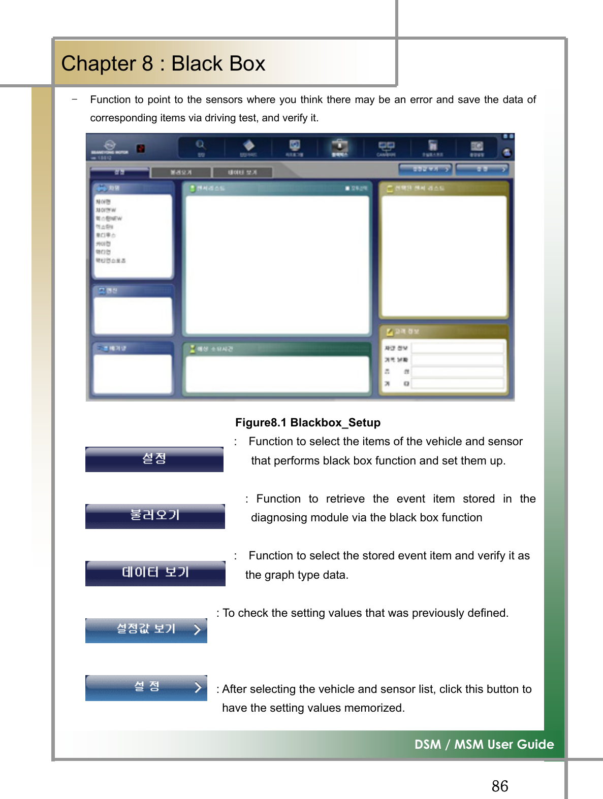 GG_]G͑DSM / MSM User GuideGChapter 8 : Black BoxTG Function to point to the sensors where you think there may be an error and save the data ofcorresponding items via driving test, and verify it. Figure8.1 Blackbox_Setup                             :  Function to select the items of the vehicle and sensor                                   that performs black box function and set them up.                  : Function to retrieve the event item stored in thediagnosing module via the black box function                              :  Function to select the stored event item and verify it as                                the graph type data.                           : To check the setting values that was previously defined.                           : After selecting the vehicle and sensor list, click this button to                            have the setting values memorized. 
