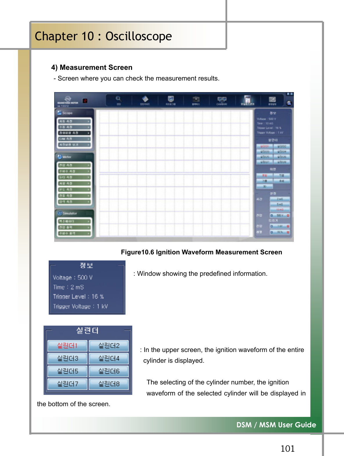 GGXWX͑DSM / MSM User GuideGChapter 10 : OscilloscopeٻG4) Measurement Screen          - Screen where you can check the measurement results. Figure10.6 Ignition Waveform Measurement Screen                              : Window showing the predefined information.                                : In the upper screen, the ignition waveform of the entire                                 cylinder is displayed.                                                                     The selecting of the cylinder number, the ignition                                   waveform of the selected cylinder will be displayed inthe bottom of the screen. 