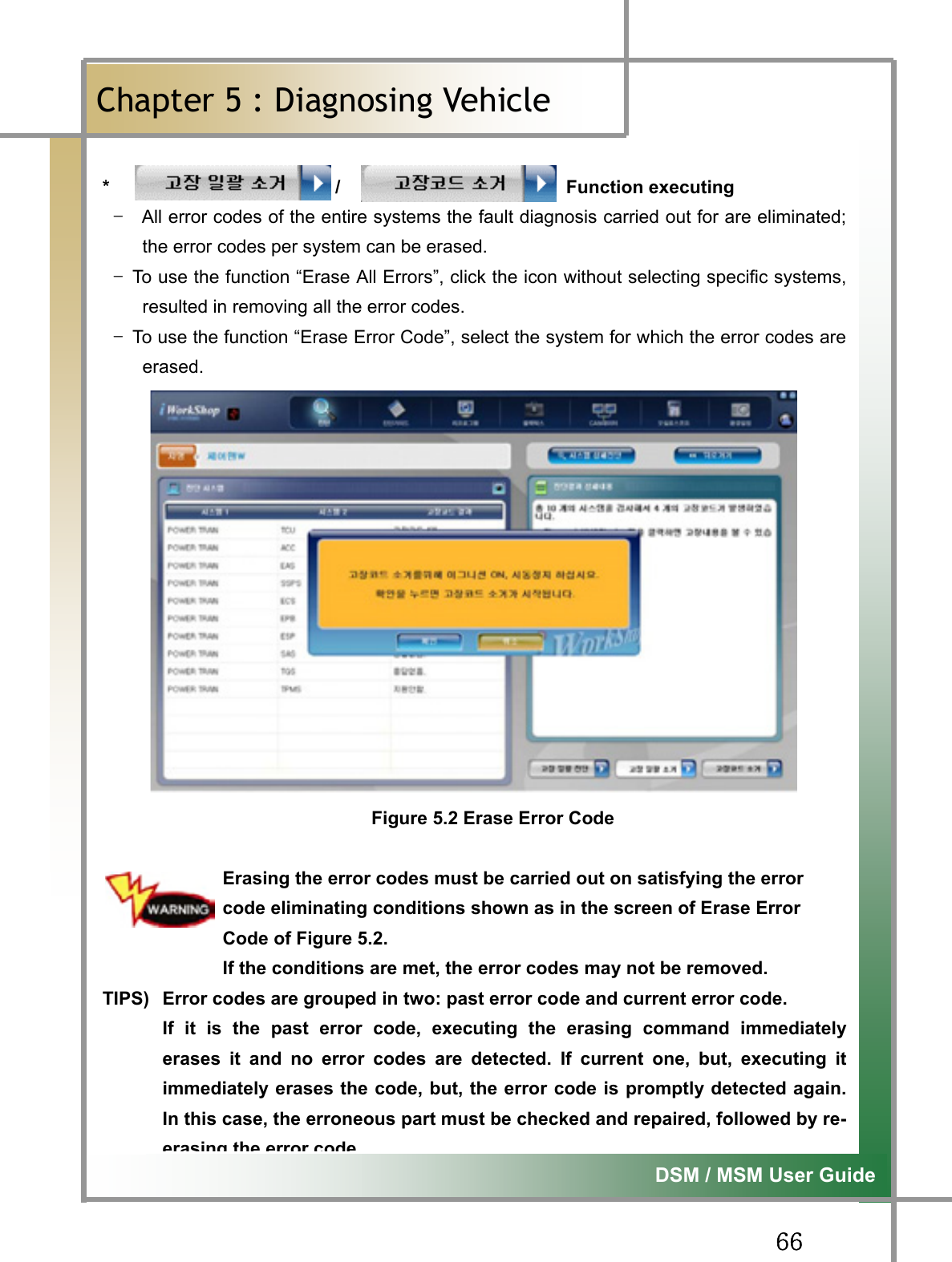 GG]]G͑DSM / MSM User GuideGChapter 5 : Diagnosing Vehicleٻ*                         /                         Function executing TG   All error codes of the entire systems the fault diagnosis carried out for are eliminated;the error codes per system can be erased.   TG To use the function “Erase All Errors”, click the icon without selecting specific systems,resulted in removing all the error codes. TG To use the function “Erase Error Code”, select the system for which the error codes areerased.Figure 5.2 Erase Error Code Erasing the error codes must be carried out on satisfying the error code eliminating conditions shown as in the screen of Erase Error Code of Figure 5.2.   If the conditions are met, the error codes may not be removed.   TIPS)  Error codes are grouped in two: past error code and current error code.     If it is the past error code, executing the erasing command immediatelyerases it and no error codes are detected. If current one, but, executing itimmediately erases the code, but, the error code is promptly detected again.In this case, the erroneous part must be checked and repaired, followed by re-erasing the error code