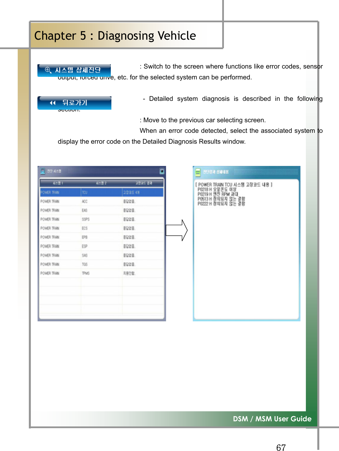 GG]^G͑DSM / MSM User GuideGChapter 5 : Diagnosing Vehicleٻ                         : Switch to the screen where functions like error codes, sensoroutput, forced drive, etc. for the selected system can be performed.     - Detailed system diagnosis is described in the followingsection.                           : Move to the previous car selecting screen.                           When an error code detected, select the associated system todisplay the error code on the Detailed Diagnosis Results window. 